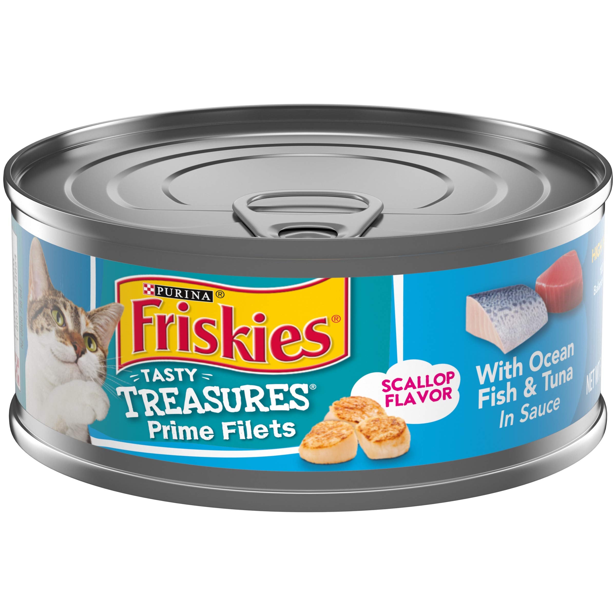 Purina Friskies Wet Cat Food Tasty Treasures With Ocean Fish and Tuna in Sauce (Scallop Flavor) - (Pack of 24) 5.5 oz. Cans