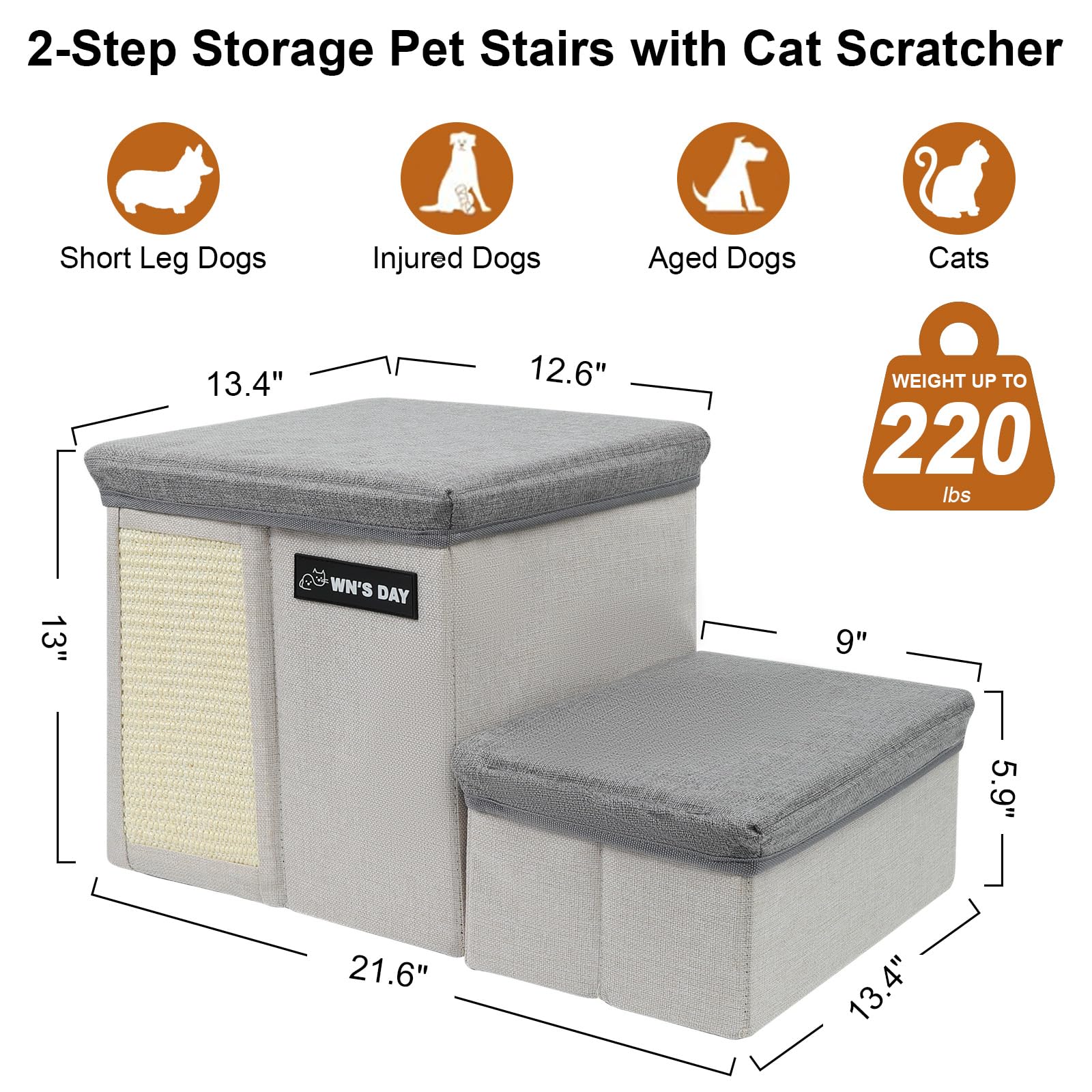 Wn's Day Dog Stairs for Bed Couch, 2 Steps 13"H, Grey, Folding with Storage, Supports Up to 220LBS, Model Wn's Day-815