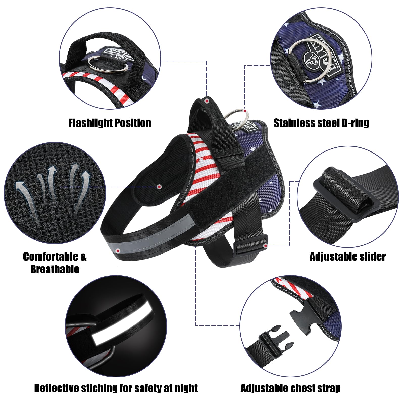 Bolux Dog Harness, No-Pull Reflective Dog Vest, Breathable Adjustable Pet Harness With Handle For Outdoor Walking - No More Pulling, Tugging Or Choking (Flag, Small)