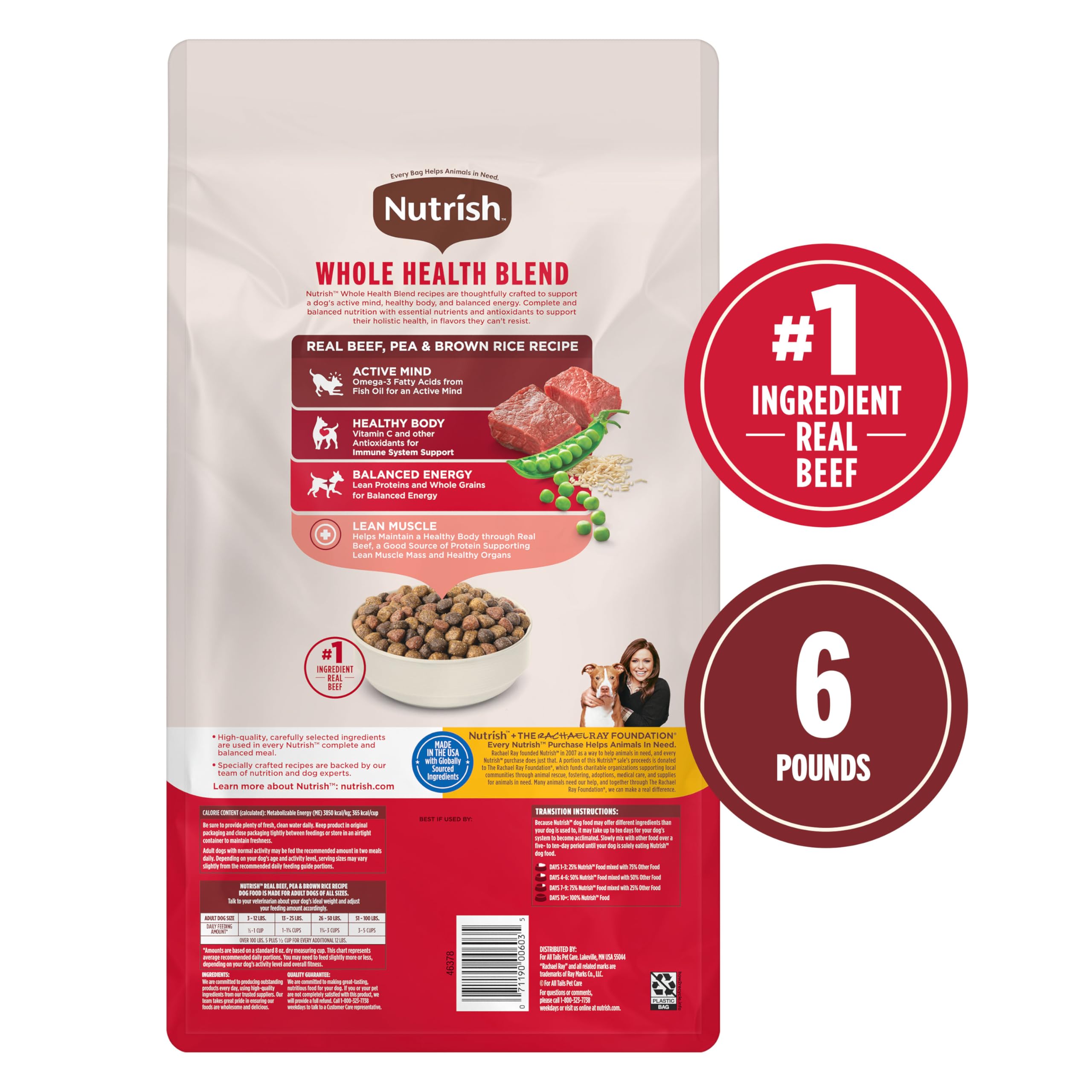 Nutrish Rachael Ray Premium Natural Dry Dog Food with Added Vitamins, Minerals & Taurine, Real Beef, Pea, & Brown Rice Recipe, 6