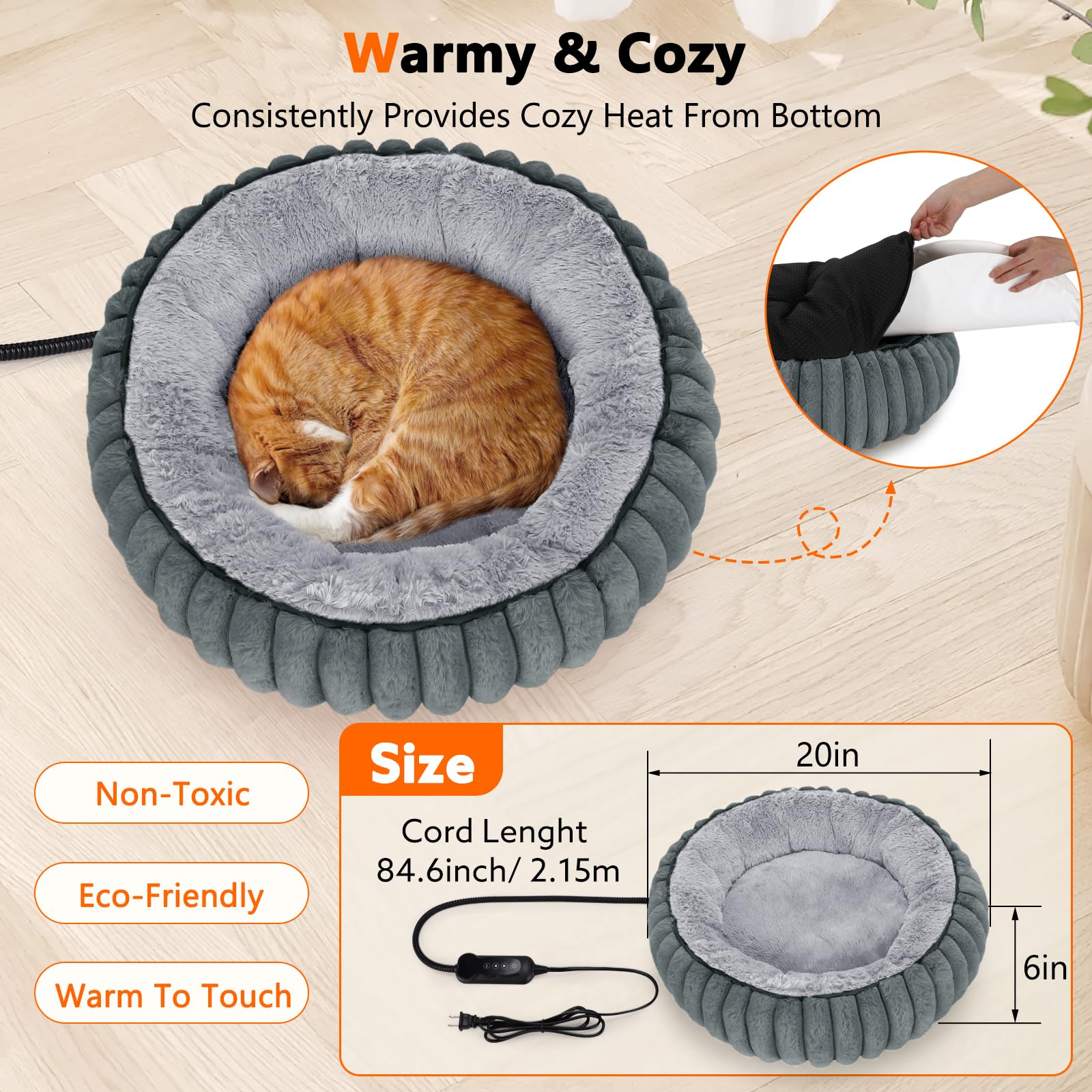 INVENHO Heated Cat Beds for Indoor Cats and Small Dogs, 20 Cozy Donut Heated Pet Bed with Timer & Temp Adjustable, Removable Wat