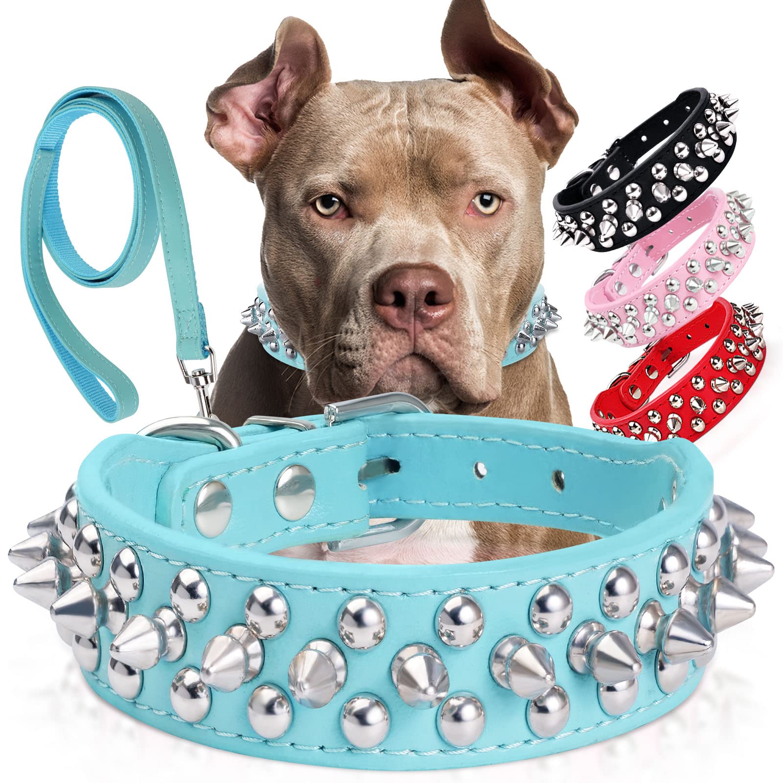 Spiked Studded Leather Dog Collar With Leash, Epesiri Rivet Pu Leather Dog Collars For Pit Bull, Durable Leather Cat Collar Spik