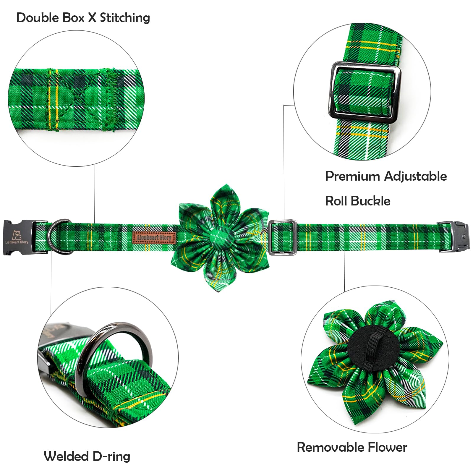 Lionheart Glory St. Patrick'S Day Collar With Flower Design For Medium Dogs, Green Plaid Collar With Heavy Duty Cute Bows