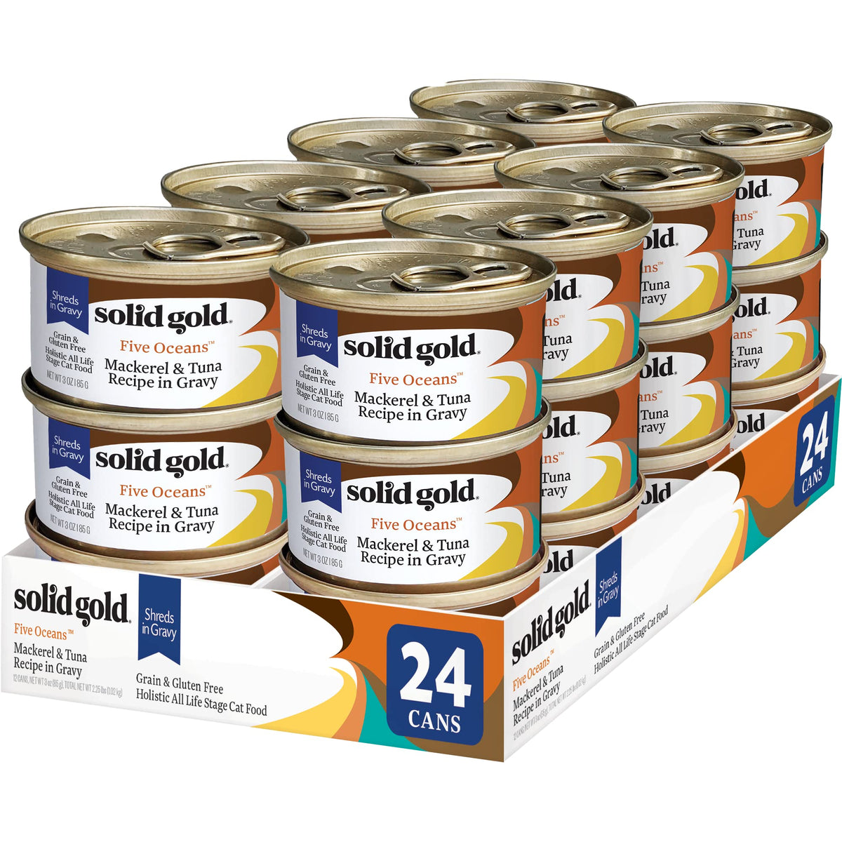 Solid Gold Shreds In Gravy With Real Tuna & Mackerel For Cats - Canned Wet Cat Food - Grain & Gluten Free Shreds With Gravy - Superfood, Protein, Vitamins, Minerals & Amino Acids - 24Ct/3Oz Can