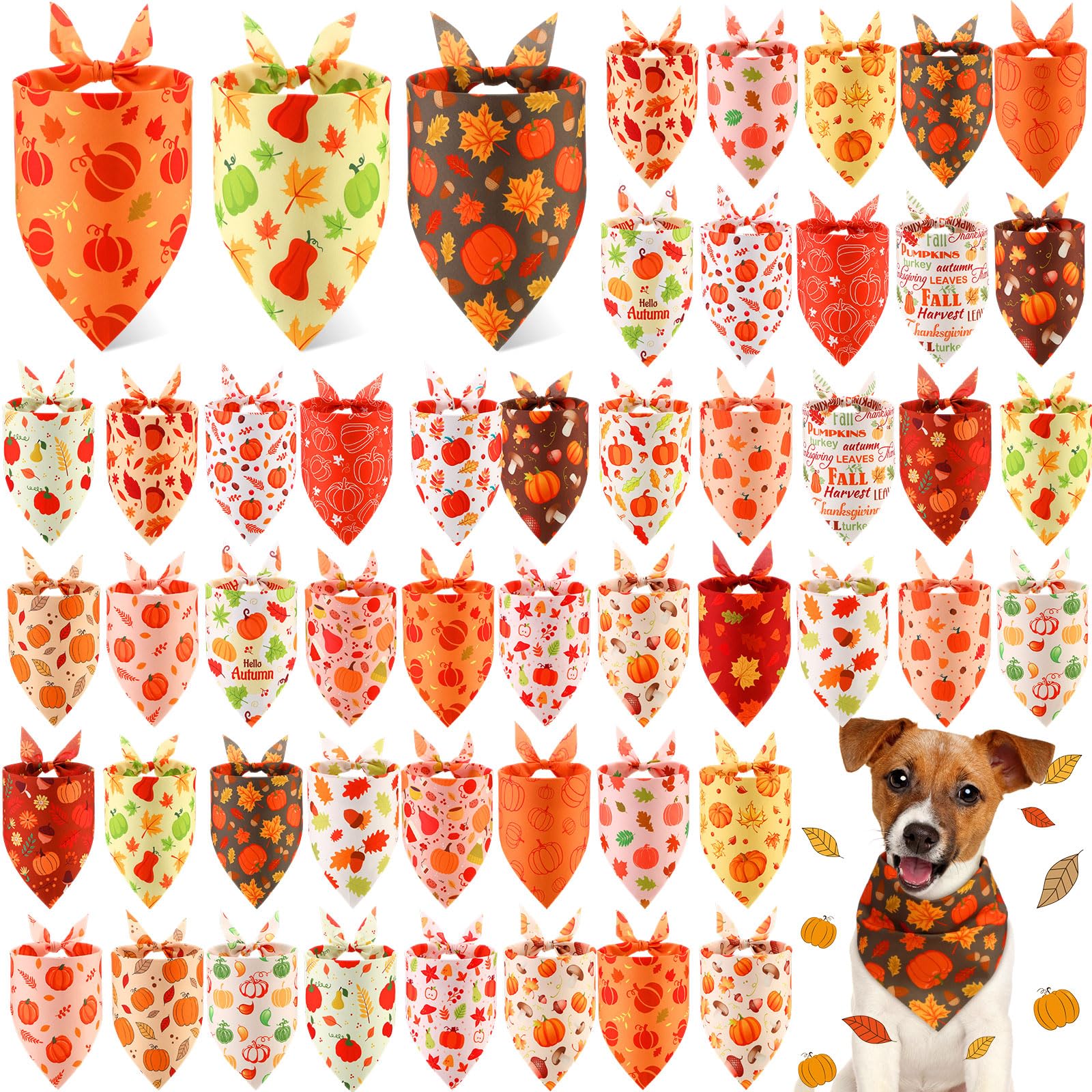 Abbylike 50 Pcs Fall Thanksgiving Dog Bandana Bulk Pumpkin Bandana for Dogs Triangle Kerchief Bib Scarf for Pets Autumn Costume 