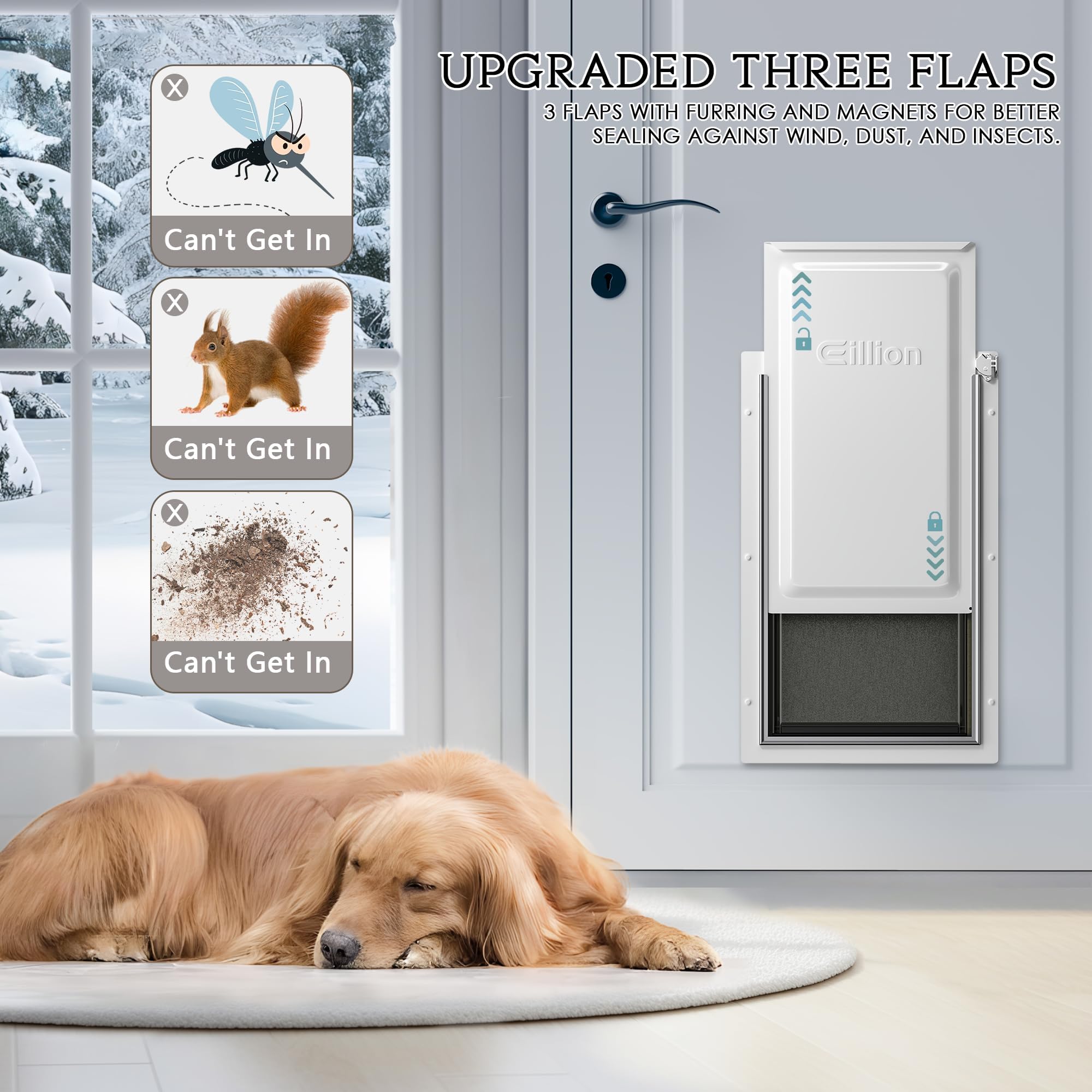 Eillion Extra Large Dog Door for Exterior Door, Up to 220 lbs, Doggy Door with 3 Flaps Opening 13.4 '' x 23.1 '', Aluminum Frame