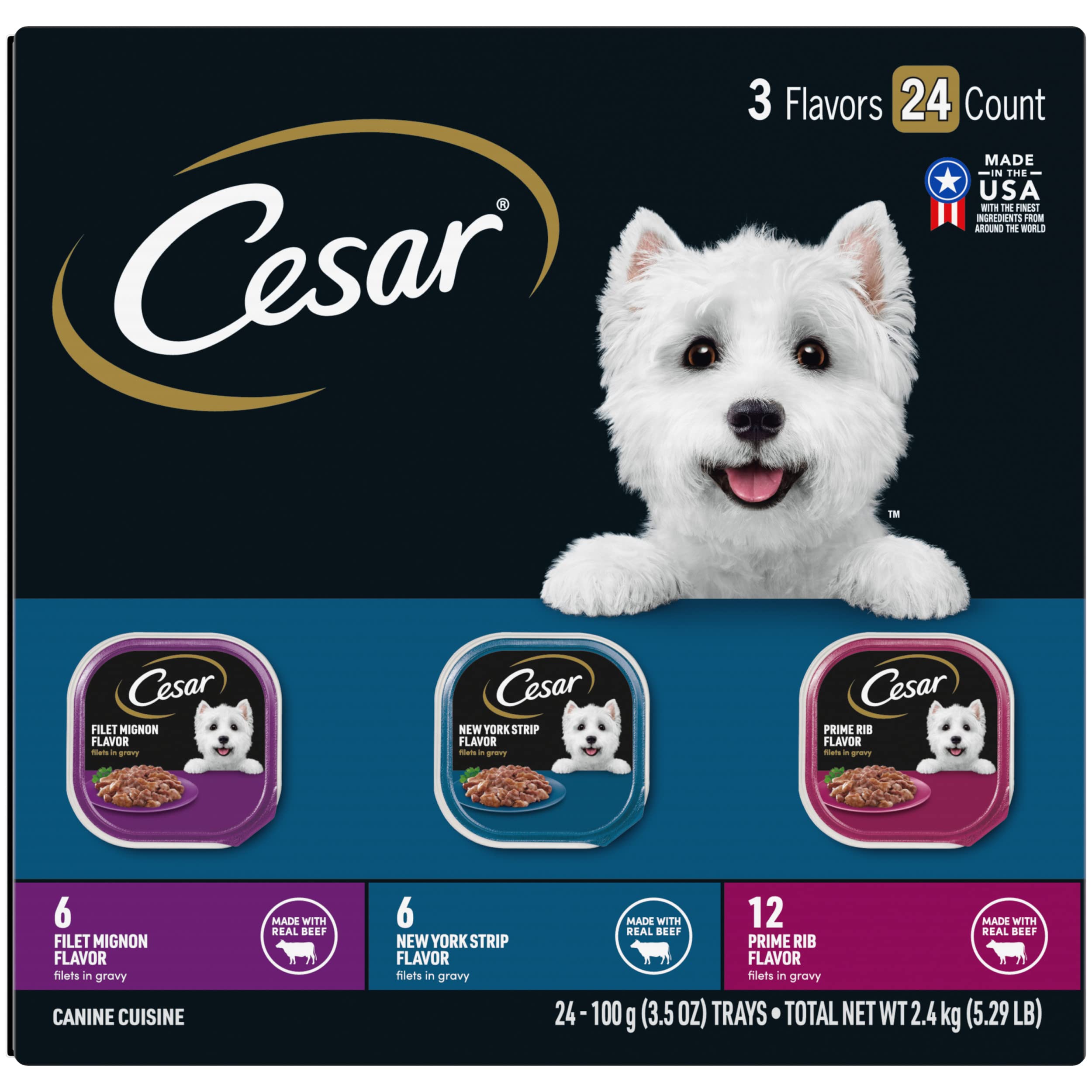 CESAR Filets in Gravy Adult Wet Dog Food, Filet Mignon, New York Strip and Prime Rib Flavors Variety Pack, 3.5 oz. Easy Peel Tra