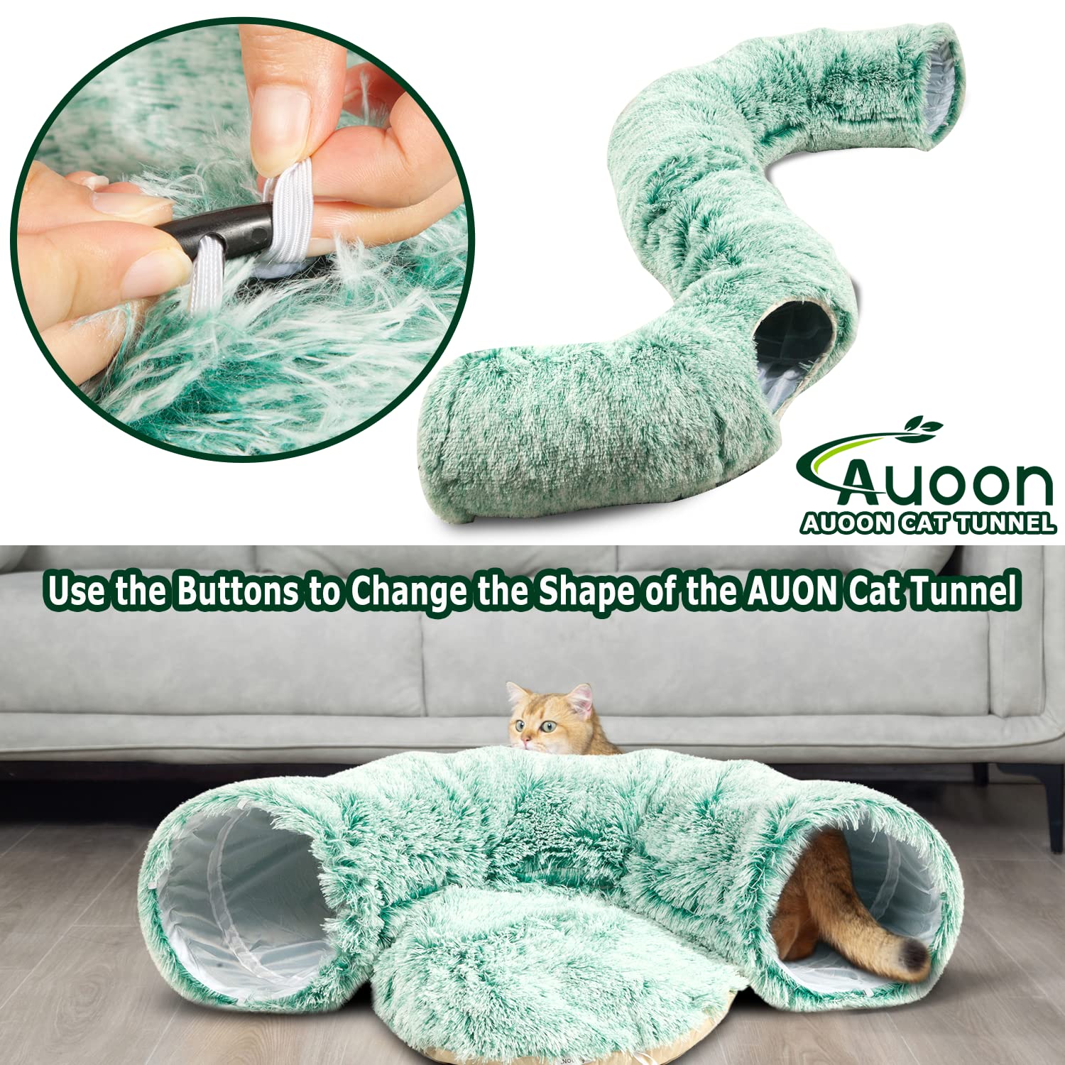 Auoon Cat Tunnel Bed With Central Mat,Big Tube Playground Toys,Soft Plush Material,Full Moon Shape For Kitten,Cat,Puppy,Rabbit,Ferret (Creen)
