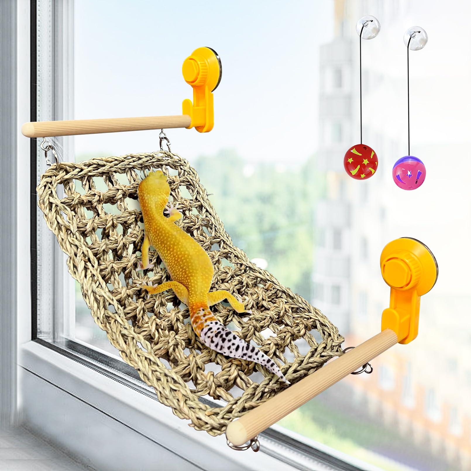 Vcepjh Bearded Dragon Hammock, Reptile Window Perch Natural Seagrass Gecko Climbing Tank Accessories Lizard Lounger Bed With Pow