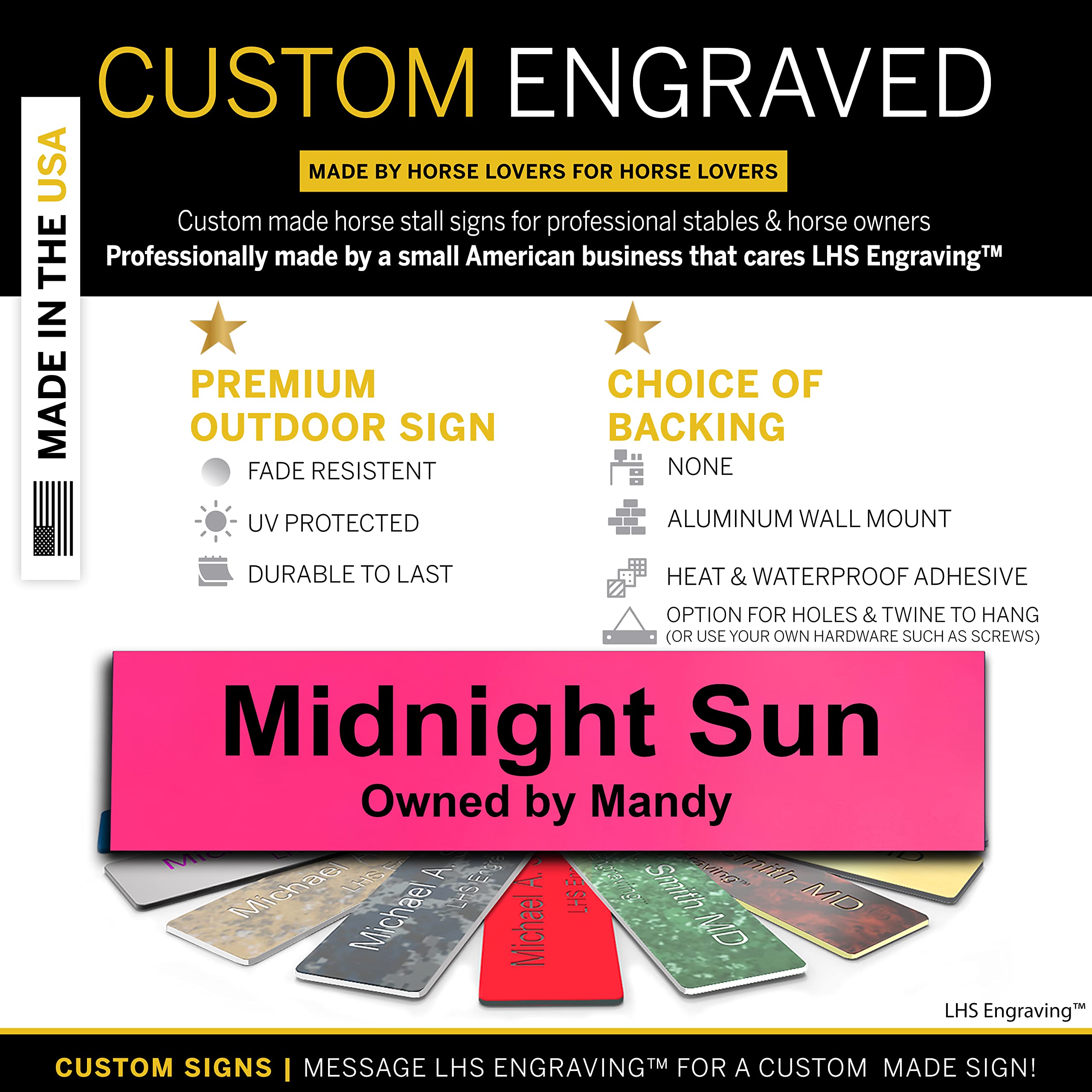 Lhs | Personalized Horse Stall Name Plates, 2X10 Horse Stall Signs With Adhesive, All Weather Uv Protected, Pink Plastic Black L