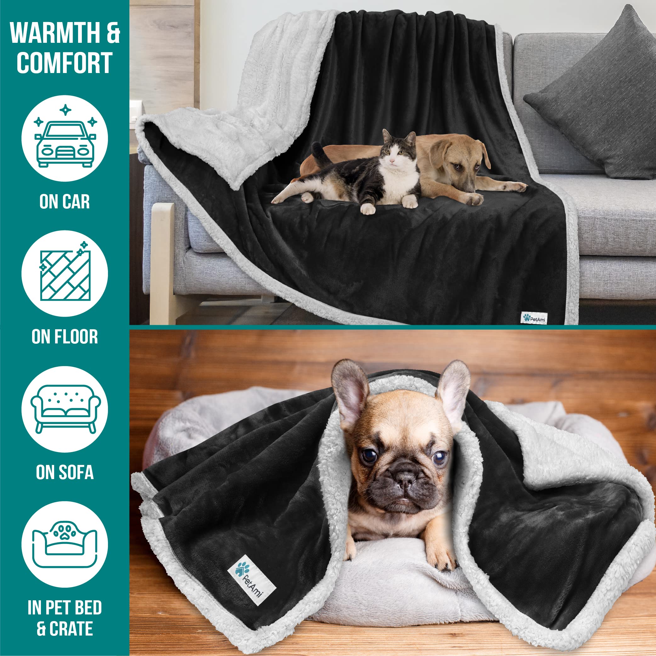 Petami Dog Blanket For Small Medium Dogs, Pet Bed Blanket Cat Puppy Kitten, Fleece Furniture Couch Cover Protector Sofa Car, Soft Sherpa Dog Throw Plush Reversible Washable, Mini 29X40 Black
