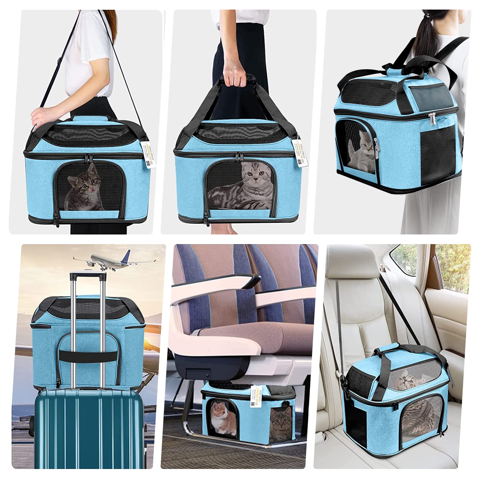 Bejibear Large Cat Carrier For 2 Cats, Oeko-Tex Certified Soft Side Pet Carrier For Cat, Small Dog, Collapsible Travel Small Dog Carrier, Tsa Airline Approved Cat Carrier For Large Cats 20 Lbs, Blue