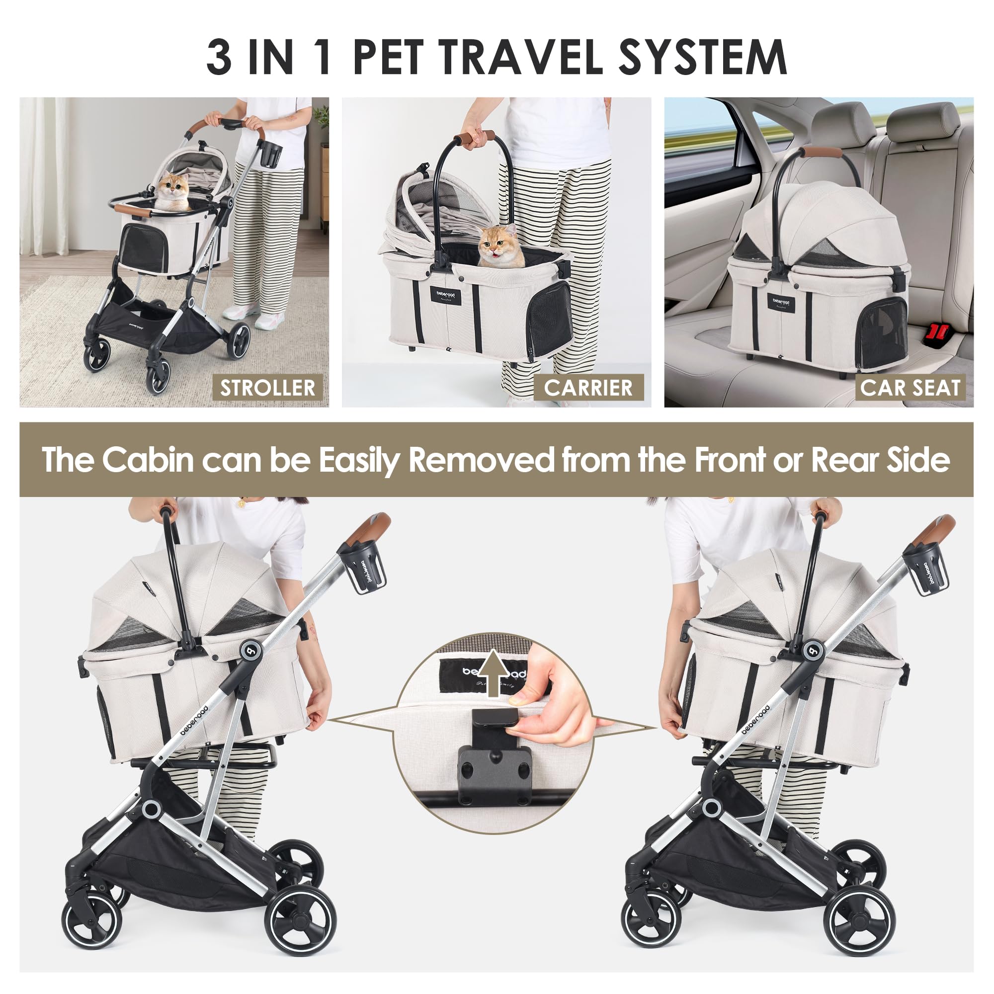Beberoad Pets T3 Pro 3 In 1 Small Pet Stroller For Dog & Cats, 4 Wheels With Detachable Carrier With Pad, Canopy And Cup Holder,