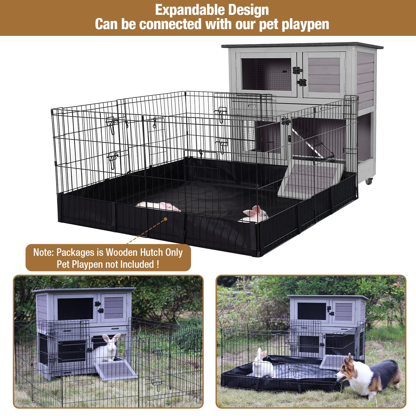 Rabbit Hutch Outdoor Indoor Bunny Cage 2 With Large Pull-Out Trays 2 Story Guinea Pig Cage On Wheels- Move Freely