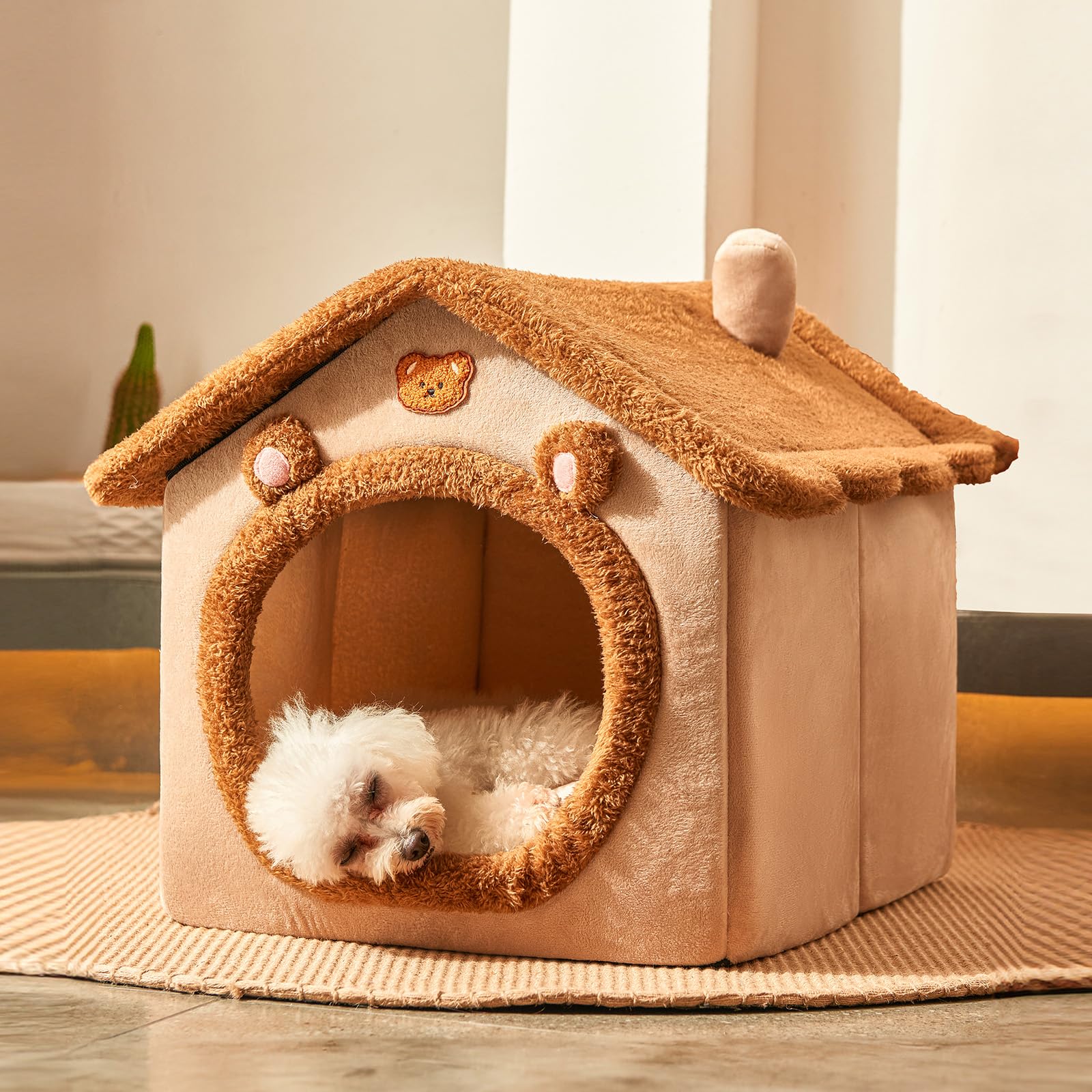 Jiupety Cute Small Dog House Indoor, Foldable Kennel Bed Mat With Cushion, L Size Tent Up to 30 lbs, Cave Bed With Non-Slip Bott