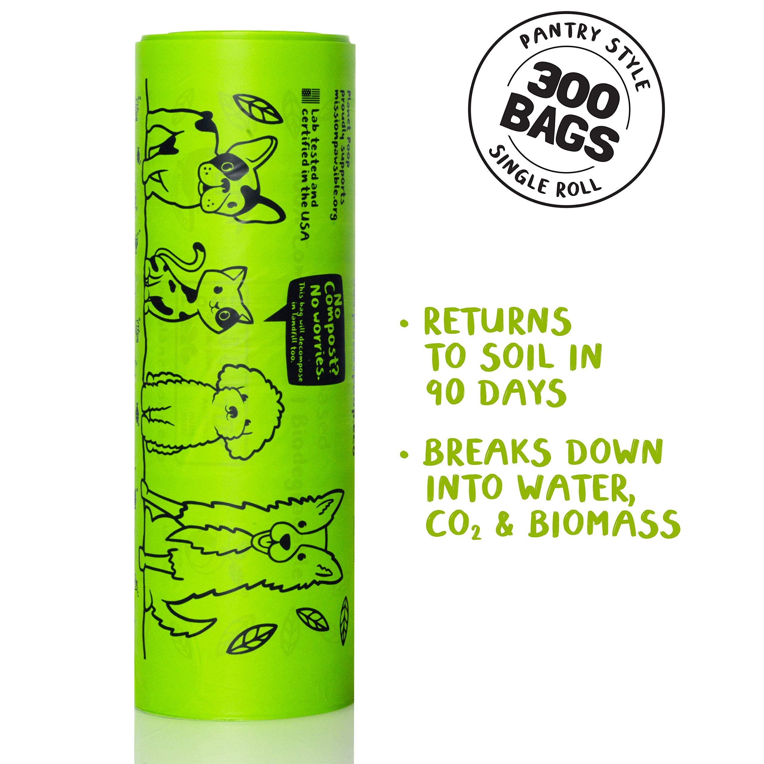 Planet Poop Home Compostable Dog Poop Bags, Large Single Roll 300 Grab & Go, For Dogs Un-Scented Dog Waste Bags, Thick Leakproof