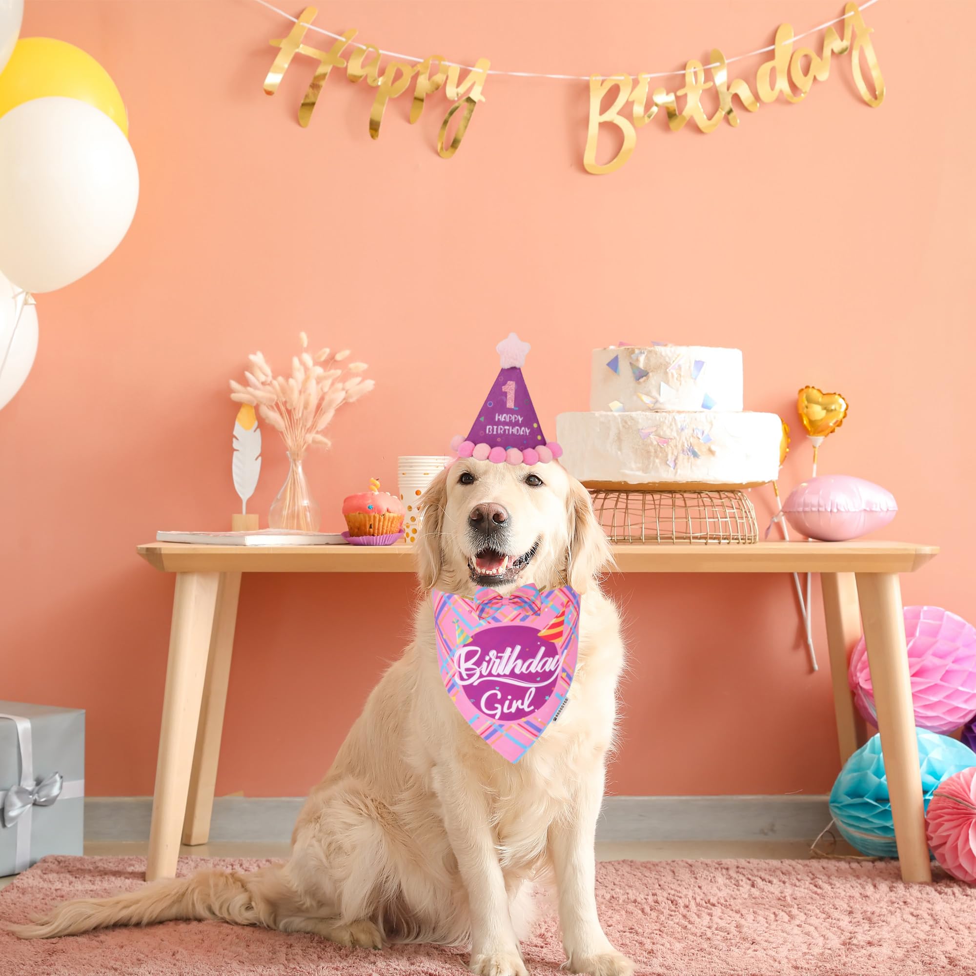 Adoggygo Dog Birthday Party Supplies, Pink Birthday Girl Pet Bandana Hat Bowtie Set For Large And Extra Large Dogs (X-Large)