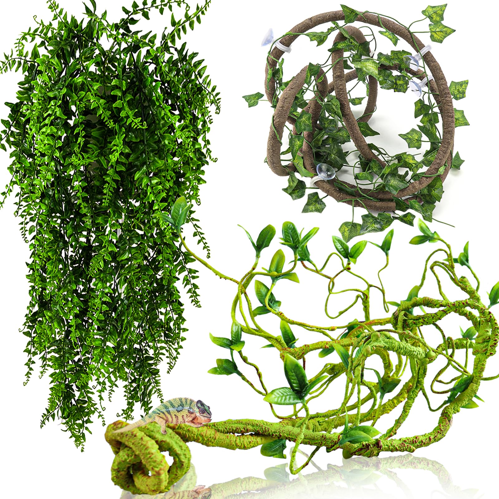 HERCOCCI Reptile Vines, Flexible Jungle Climbing Vines Terrarium Plastic Plants and Leaves Tank Accessories Decor for Gecko Snak