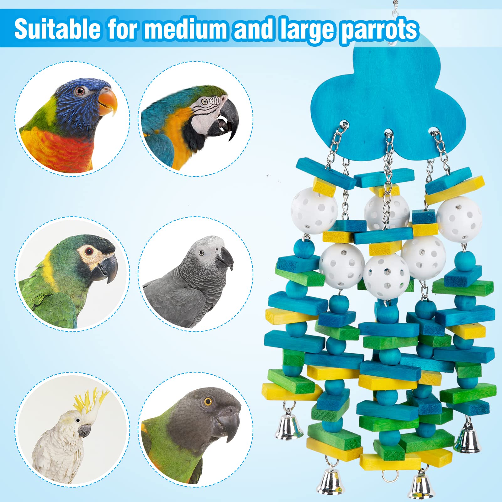 Parrot Toys For Large Birds, Parrots Chew Toy Gift With Colorful Wood Blocks And Bells For Macaws African Grey And Amazon Parrot