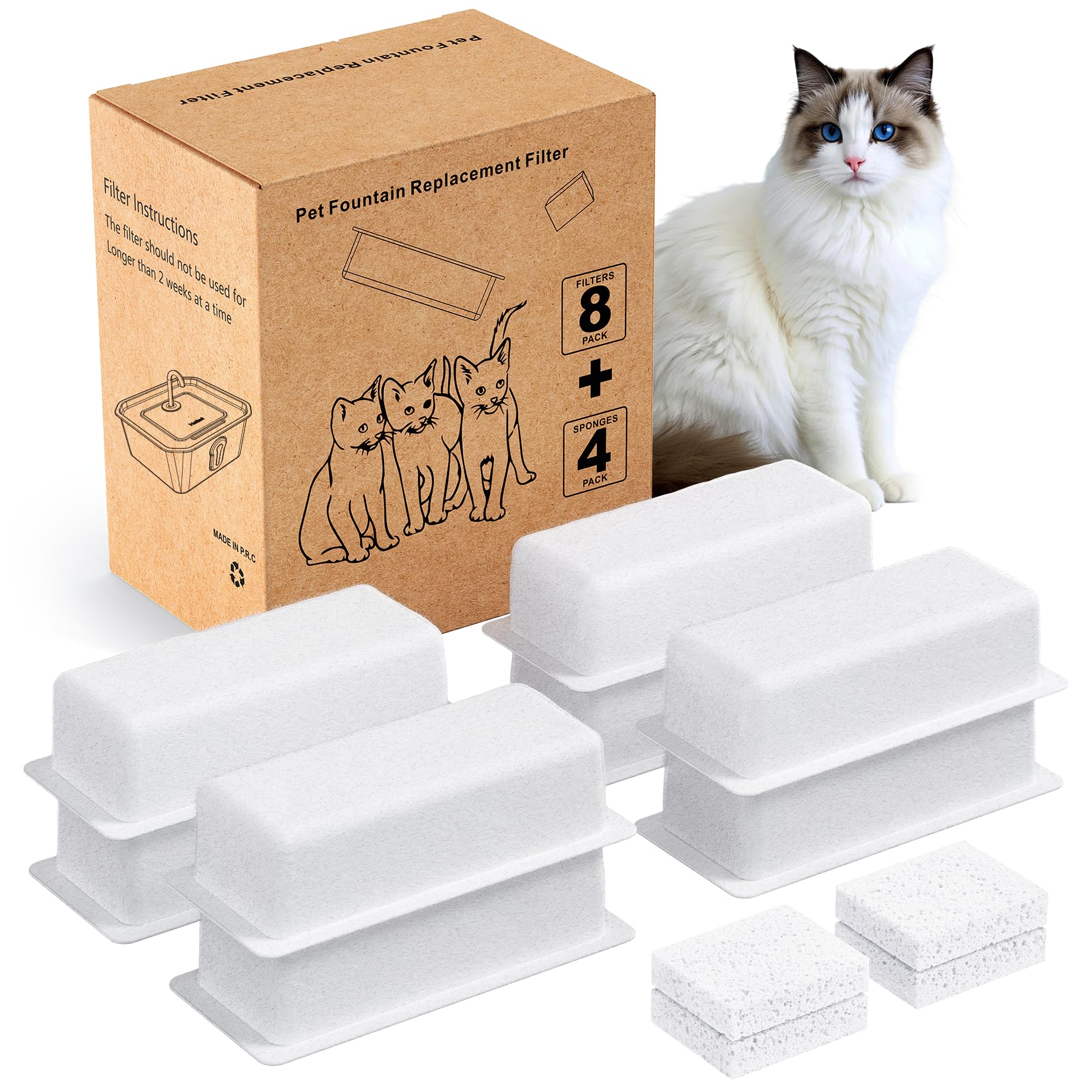12 Cat Water Fountain Filters (8 Filters + 4 Sponges), 4 Months Of Use
