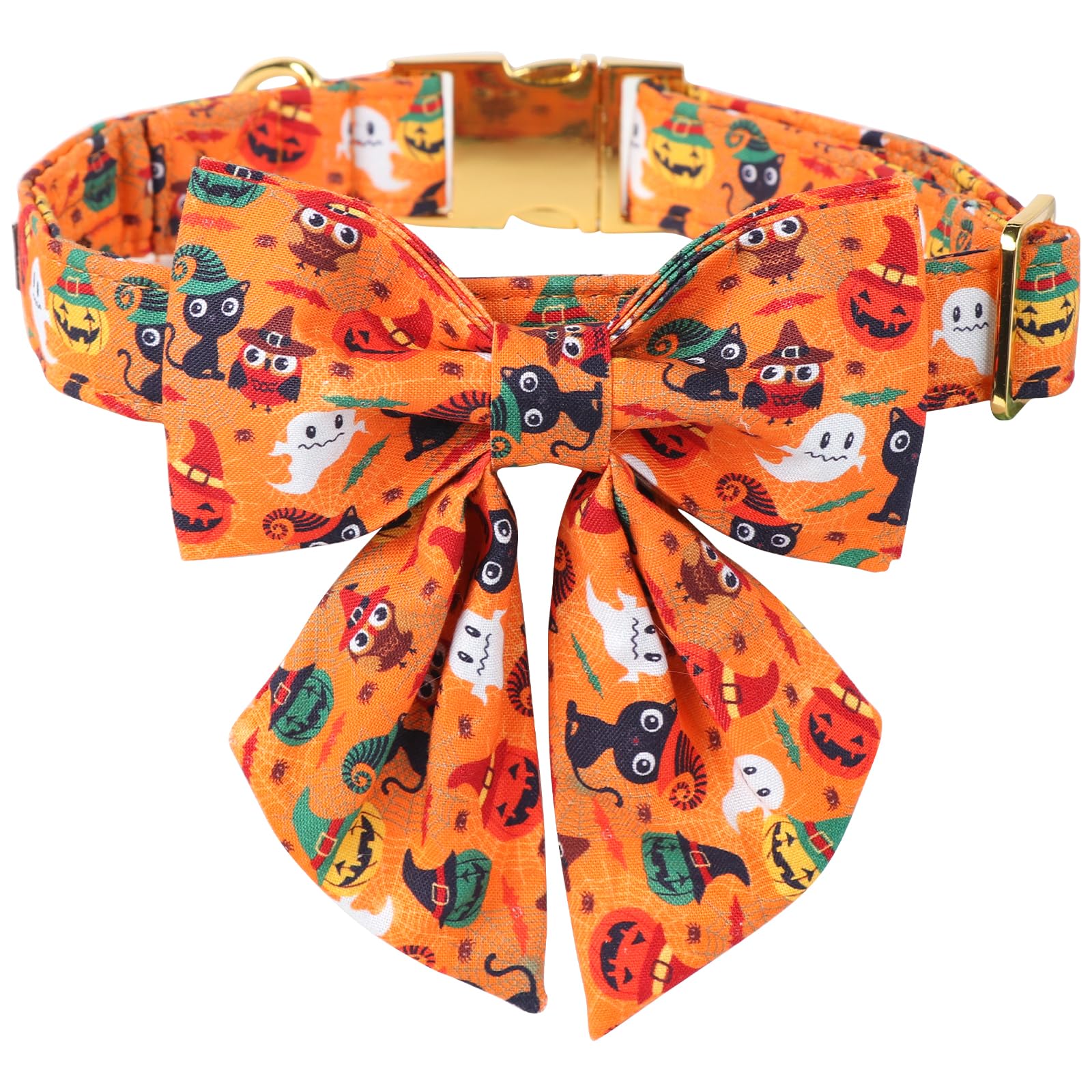 Maca Bates Halloween Dog Collar Spooky Ghost Dogs Collars With Bow Yellow Pumpkin Puppy Colar With Bowtie Adjustable Birthday Gift For Xs Small Medium Large Xl Girls Boys Male Female Dogs Pet