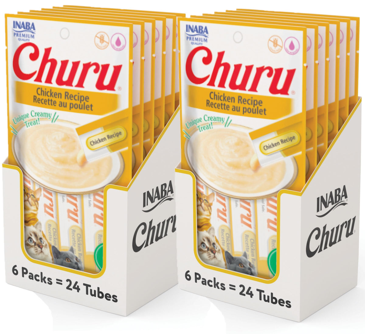 Inaba Churu Cat Treats, Grain-Free, Lickable, Squeezable Creamy Purée Cat Treat/Topper With Vitamin E & Taurine, 0.5 Ounces Each Tube, 48 Tubes (4 Per Pack), Chicken Recipe