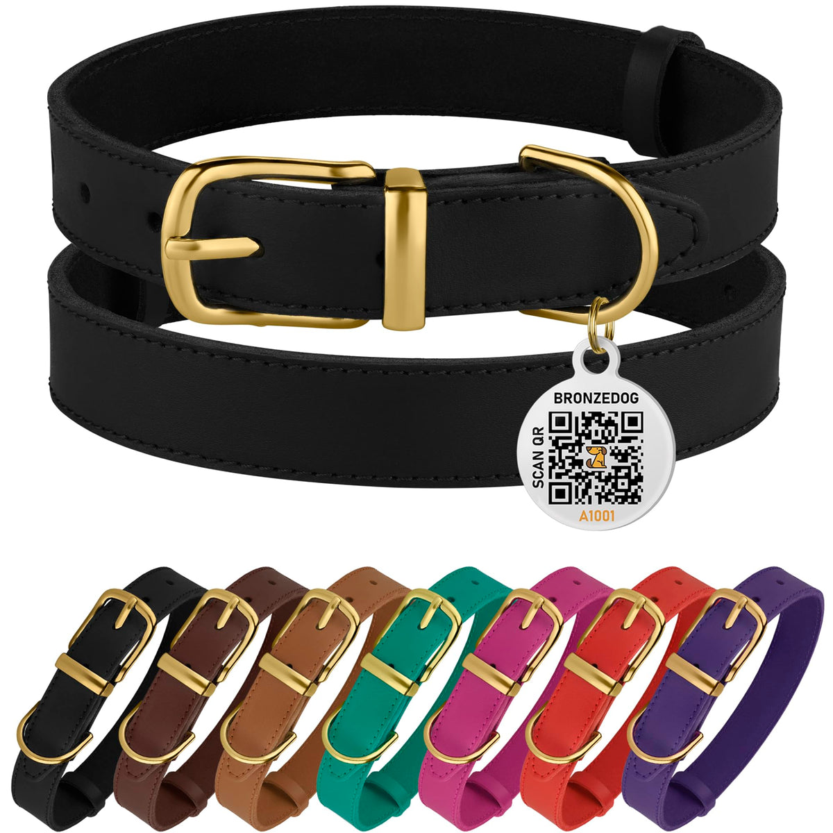 Bronzedog Leather Dog Collar With Metal Buckle Durable Basic Pet Collars For Small Medium Large Dogs (19-21 Inch (Pack Of 1), Black & Gold Buckle)