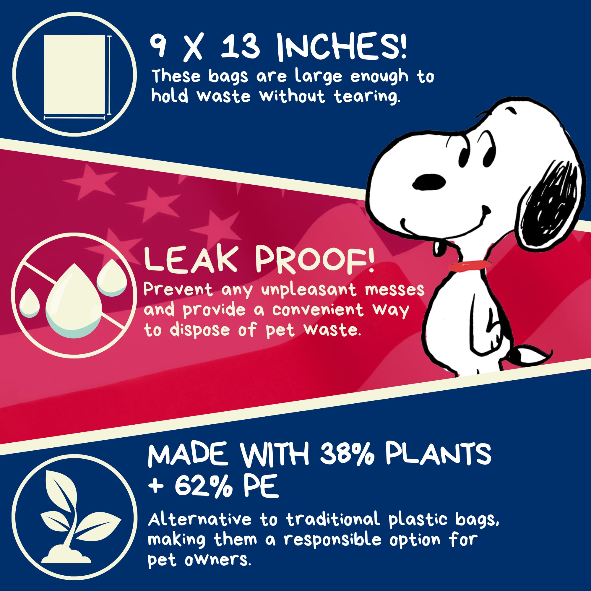 The Original Poop Bags Usda Certified 38% Plant-Based Dog Poop Bags, Peanuts Snoopy Americana Design, Leak-Proof & Strong, Unsce