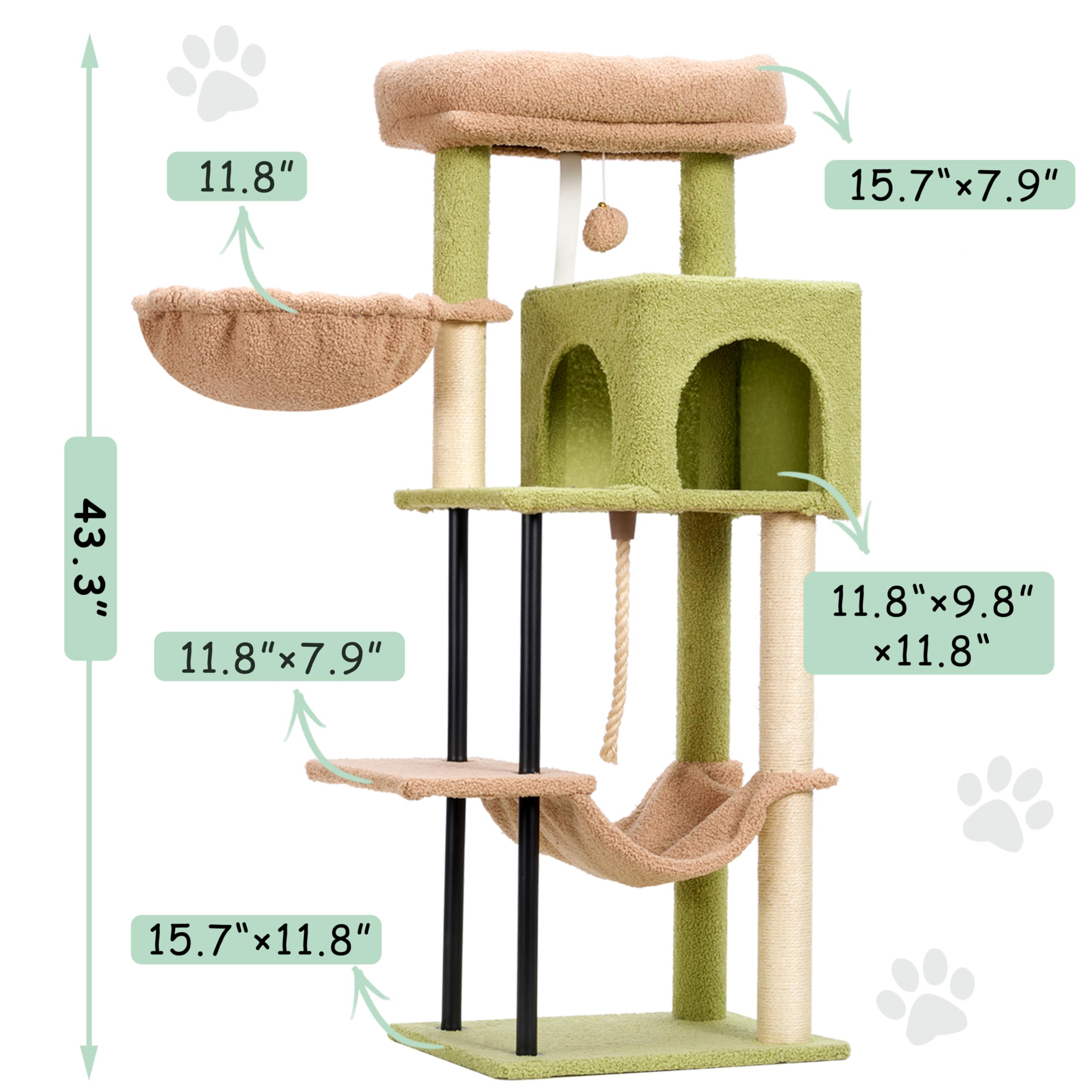 Gitelsnour Cat Tree, Cat Tower For Indoor Cats, 43.3 Inch Cactus Cat Tree Tower With Sturdy Steel Tube, Hammock, Cat Condo For S
