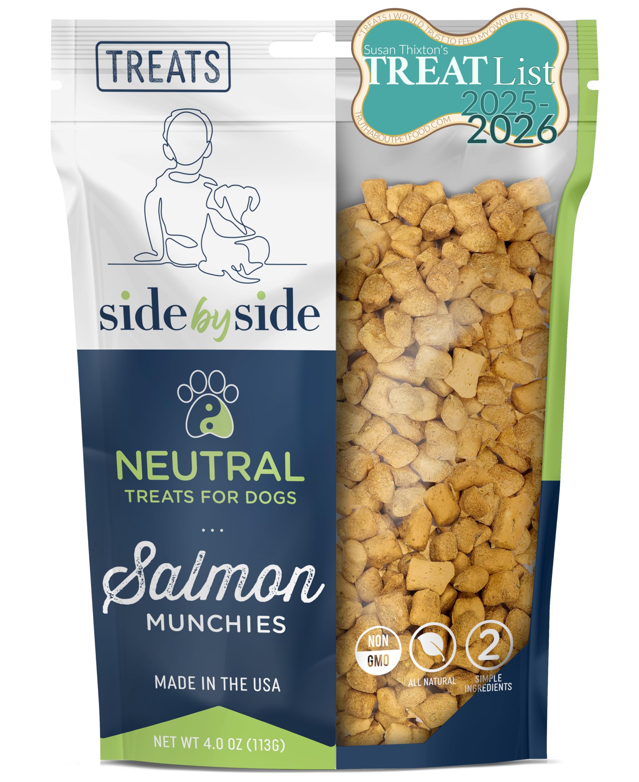Side by Side Salmon Munchies, Freeze-Dried, Crunchy Neutral Dog Treats, Ideal as Dog Training Snacks, Made of Whole Foods, Free 