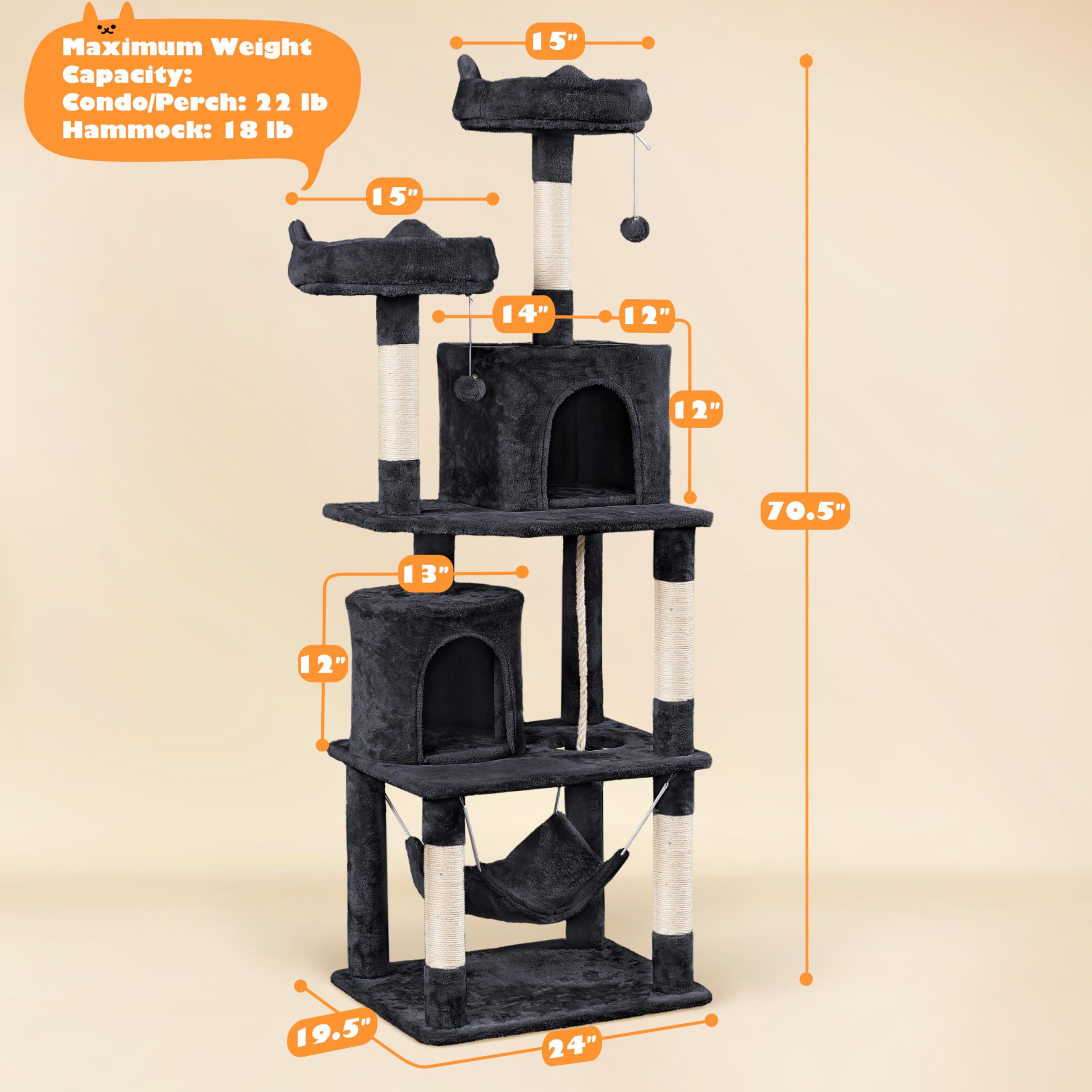 Yaheetech Cat Tree, 70.5In Climbing Tower For Indoor Cats, Multi-Level Kitten Condo With Scratching Post, Pet Activity Center W/