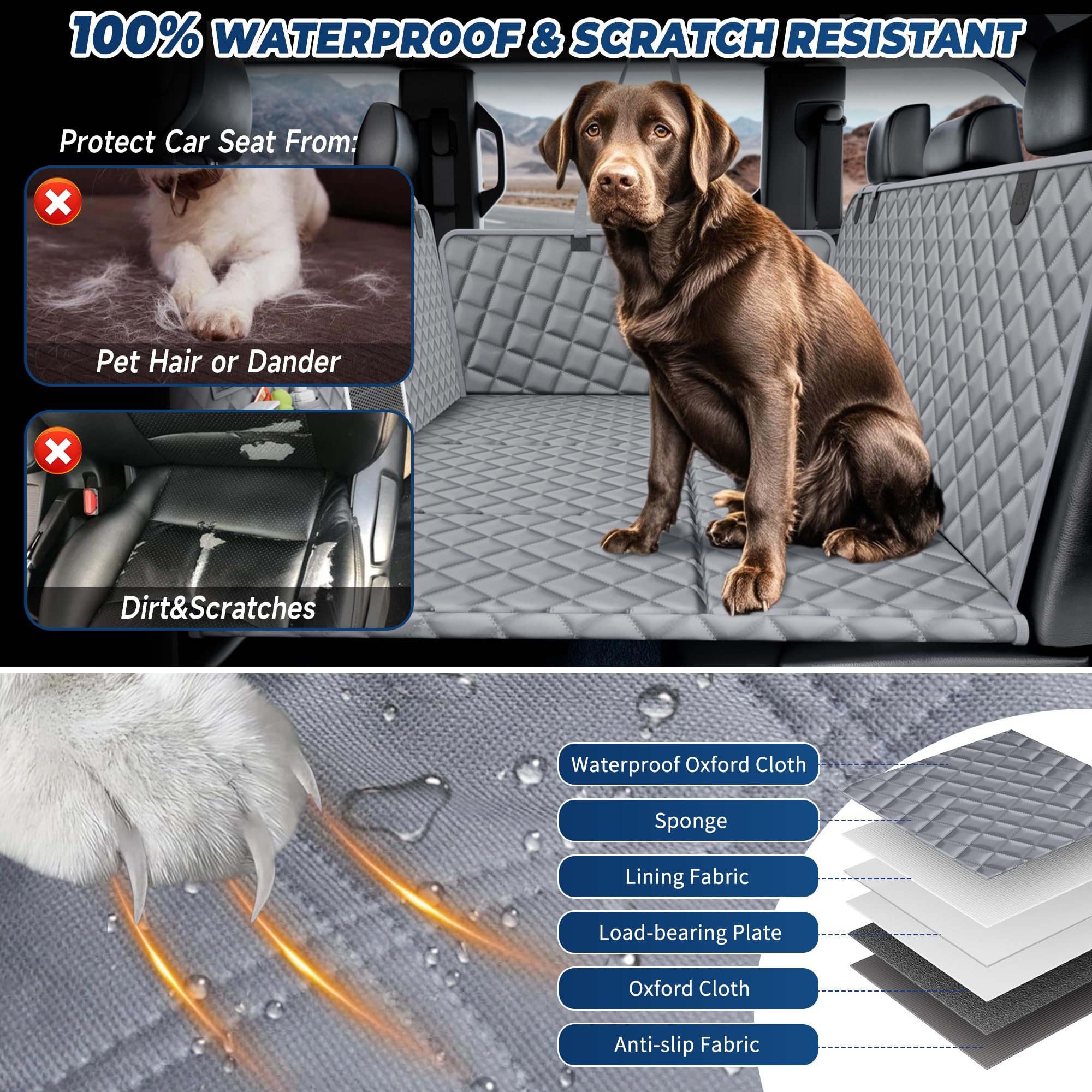 Xxl Dog Car Seat Cover For Back Seat Hard Bottom, Truck Pet Back Seat Extender, 100% Waterproof&Scratchproof Backseat Protector,