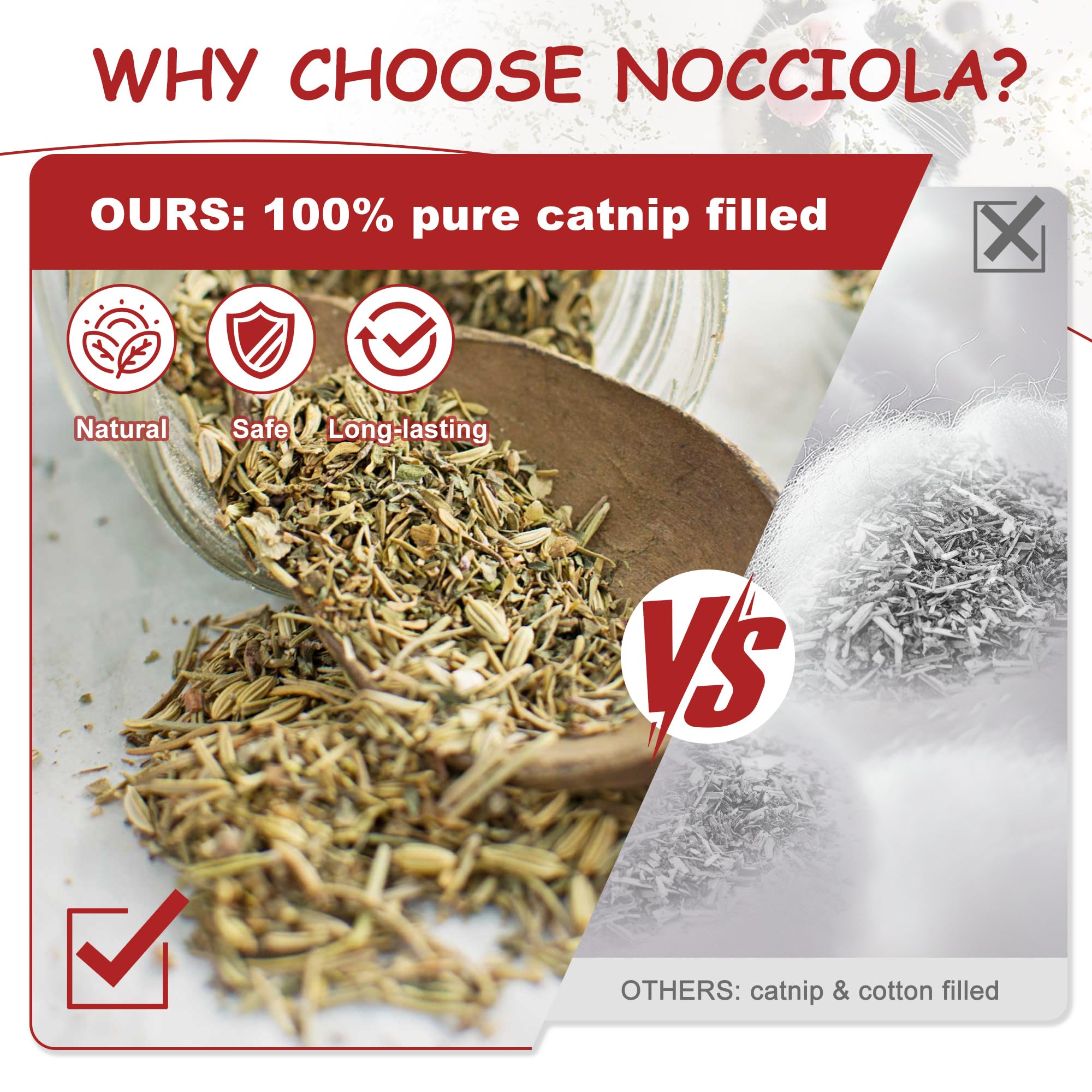 Nocciola Catnip Toys 3 Pack - Medium Red Kicker & Teething Toys, 100% Organic Catnip, Fun for Indoor Cats