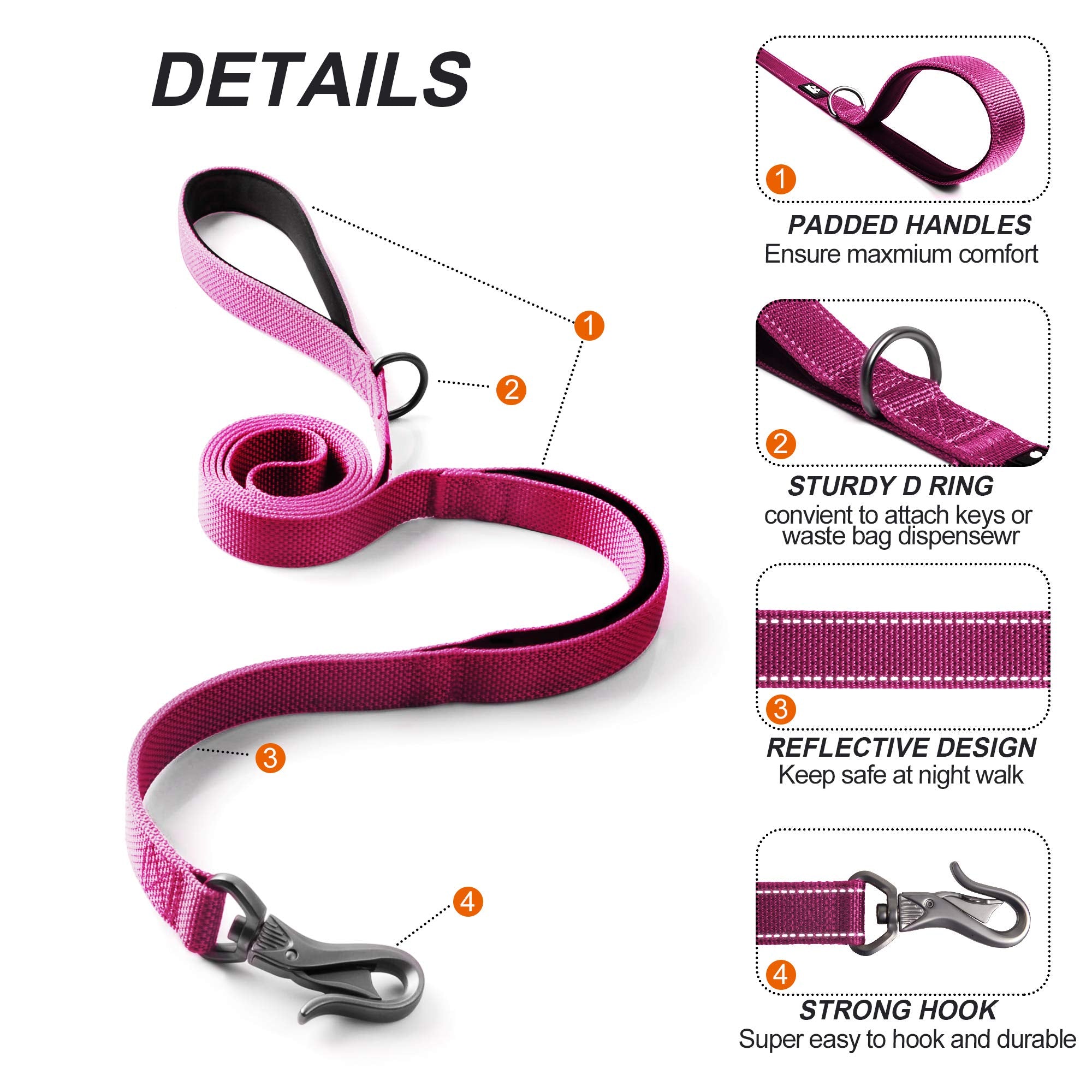 TwoEar Dog Leash - 4FT 1IN Nylon Rose with 2 Padded Handles & Reflective Auto Lock Hook for Small, Medium, and Large Dogs