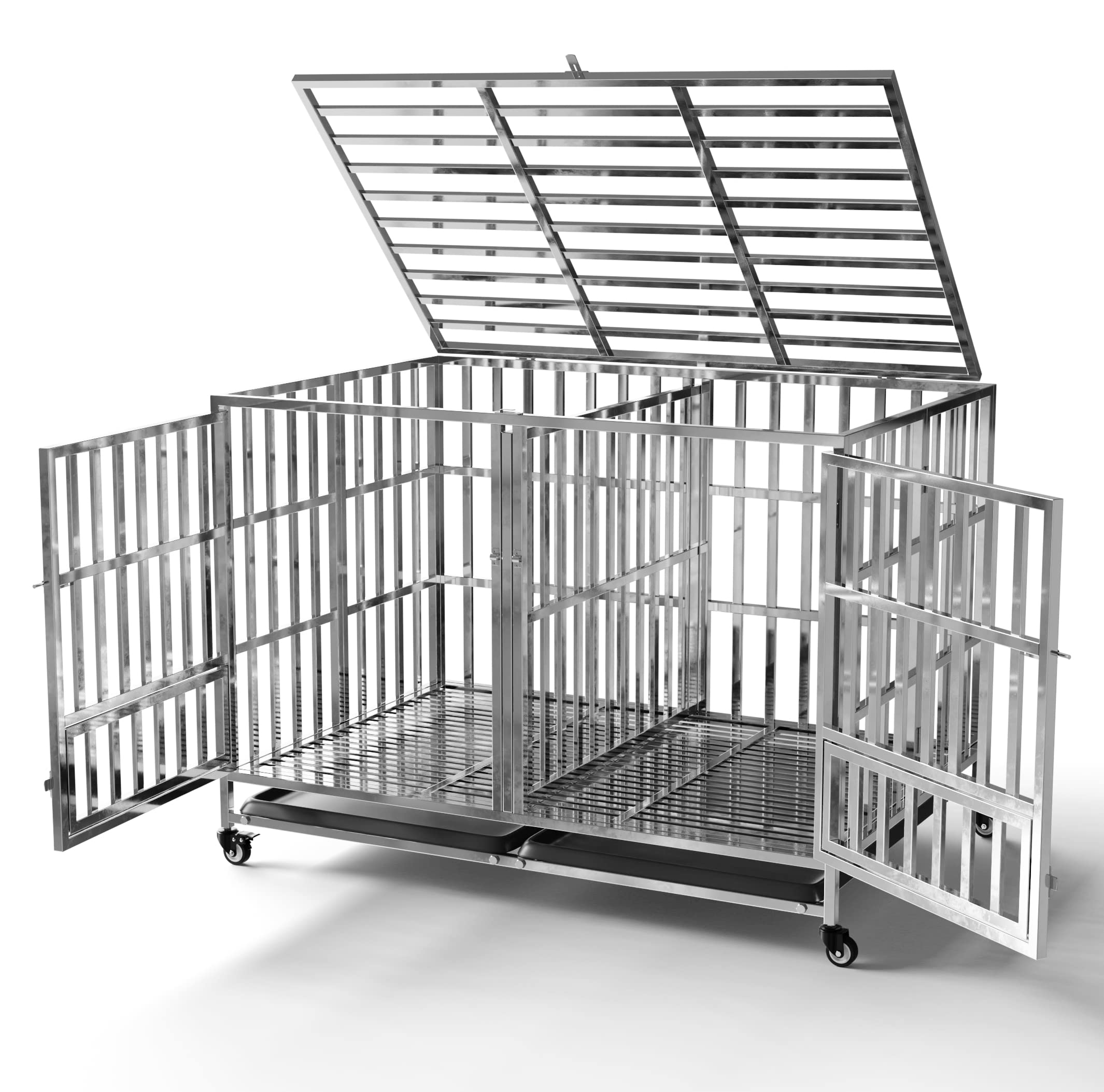 FoQualy Collapsible Stainless Steel Dog Crate, 30 37 42 48 Sizes, Lockable Wheel, with Tray, Stackable, Heavy Duty, Divider, Ind