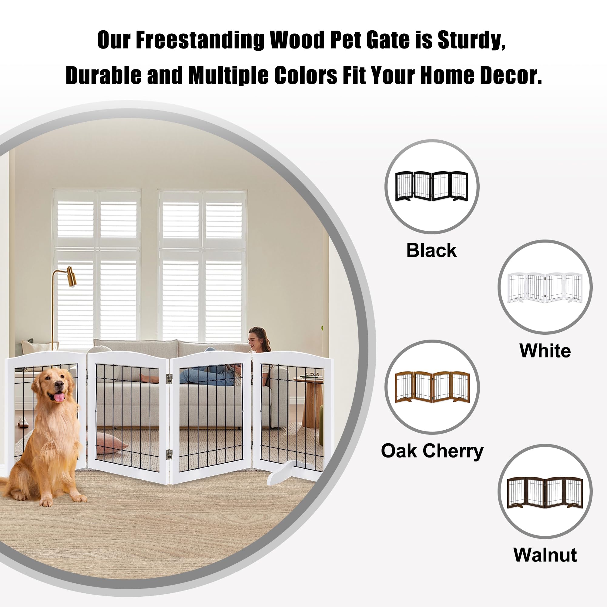 LZRS Wooden Dog Gate - 30" Tall Foldable Pet Barrier, Extra Wide 4 Panels, Chew-Resistant, White