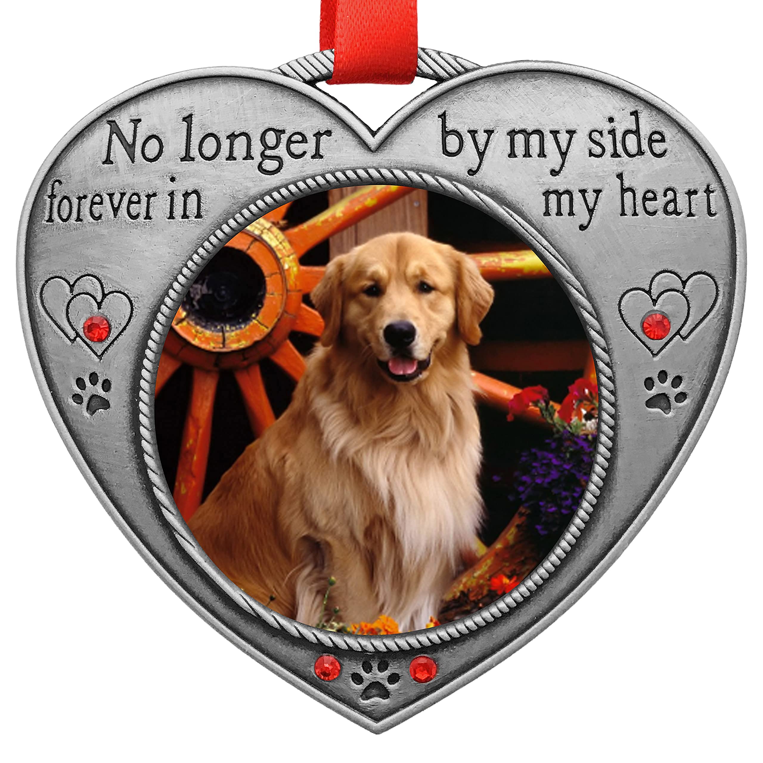 Pet Memorial Picture Christmas Ornament - No Longer By My Side - Heart Shaped Photo Frame Ornament - Loss Of A Pet - Pet Sympathy - 2 Pack - Gift/Storage Bags Included