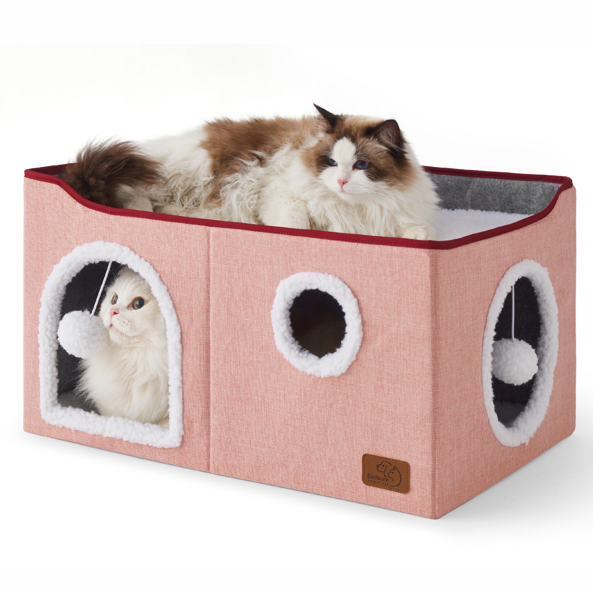 Bedsure Large Cat Beds For Indoor Cats - Extra Wide Cat Cube House For Small Pet With Fluffy Ball Hanging And Scratch Pad, Folda