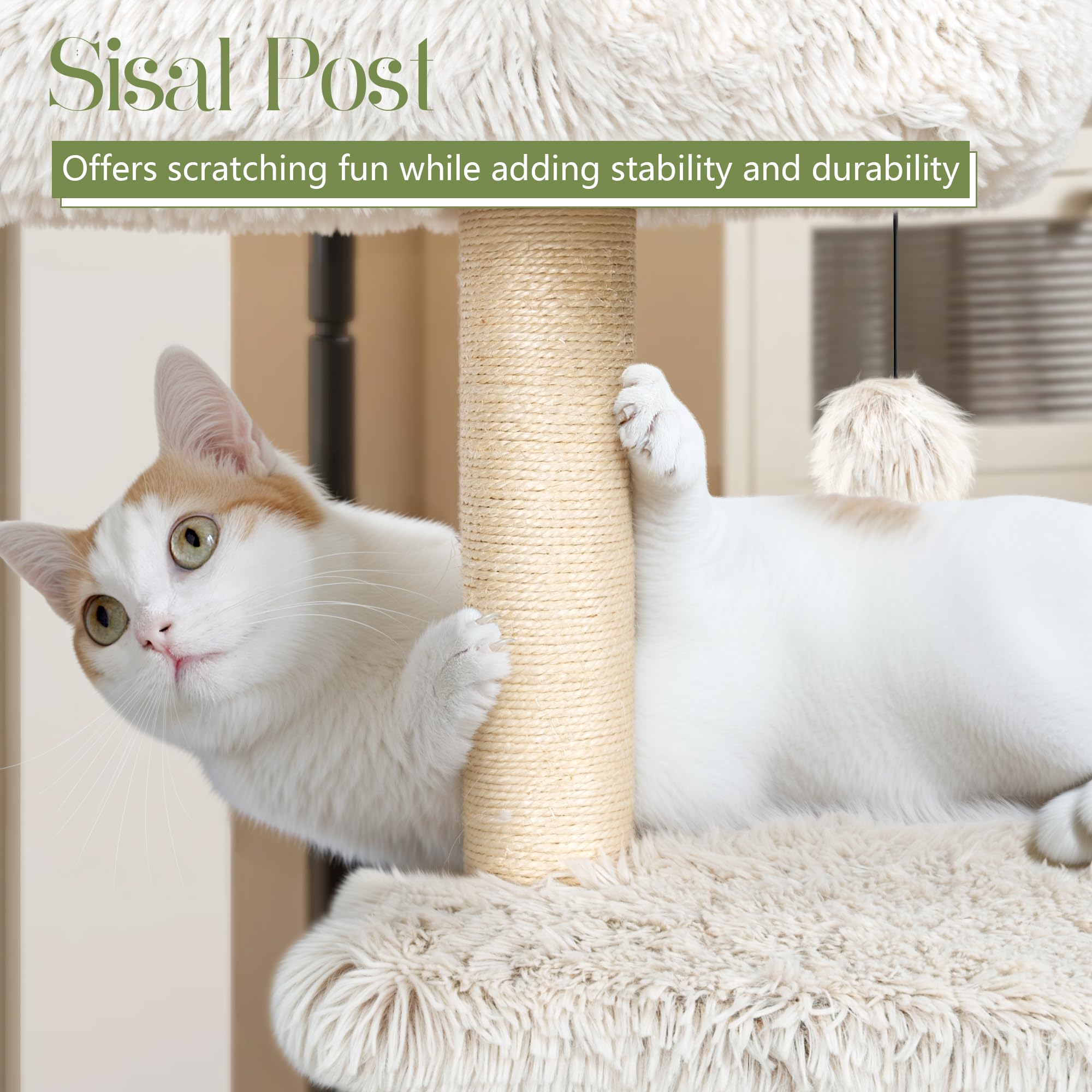 Kamaboko 41'' Tall Modern Cat Tree - Wooden Cat Tower With Cat Condo, Hammock & Top Perch, Cute Wood Cat Tree Natural Sisal Post