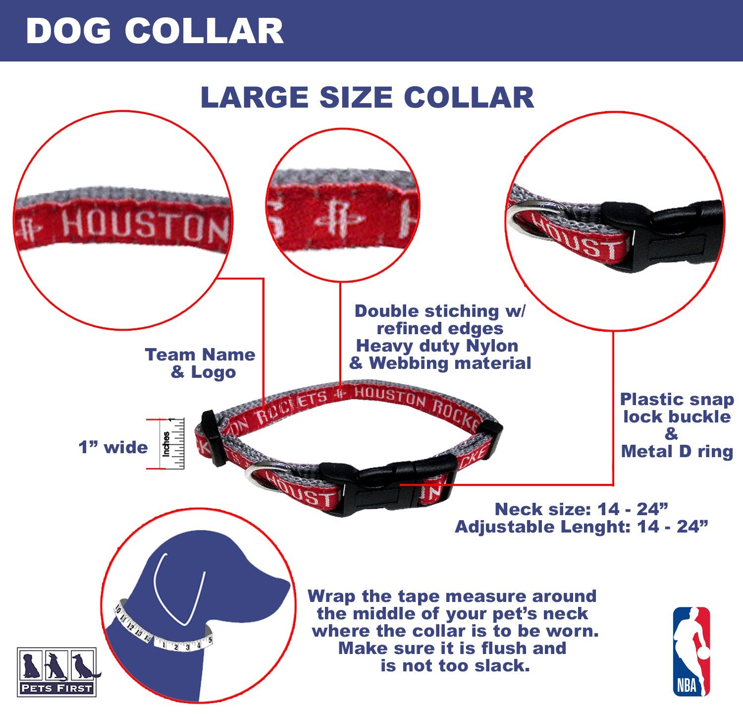 Nba Houston Rockets Dog Collar, Size Large. Best Pet Collar For All Sports Fans
