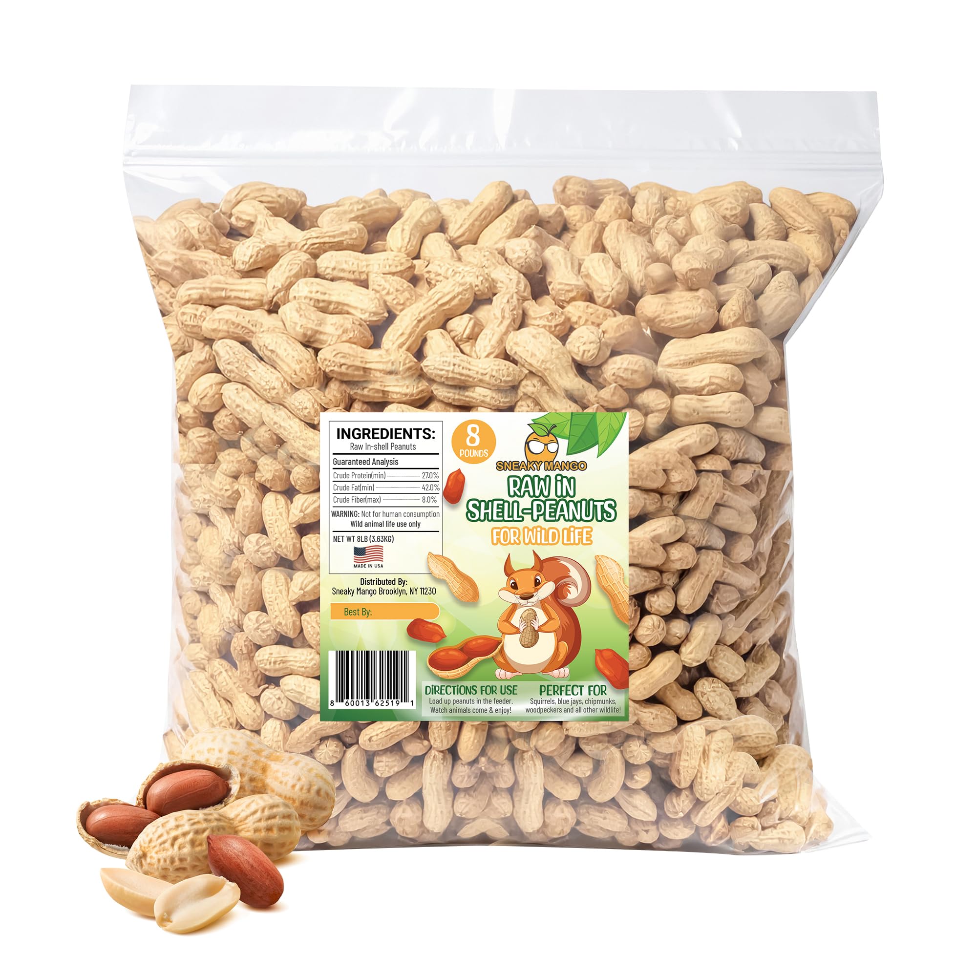 Sneaky Mango Premium Quality Raw Peanuts in Shell - 8 Pounds - All-Natural Food for Squirrels, Deer, Birds, and Other Wildlife A
