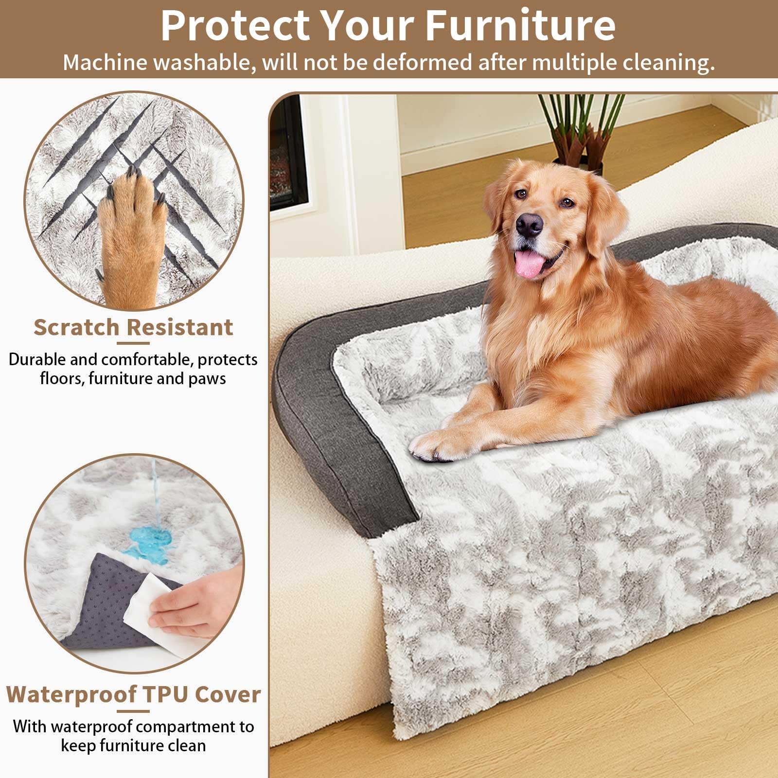 Hapyclaw Calming Dog Couch Bed Mat, 41X37 Inch Waterproof Fluffy Sofa Cover, Furniture Protector With Handle, Removable And Wash