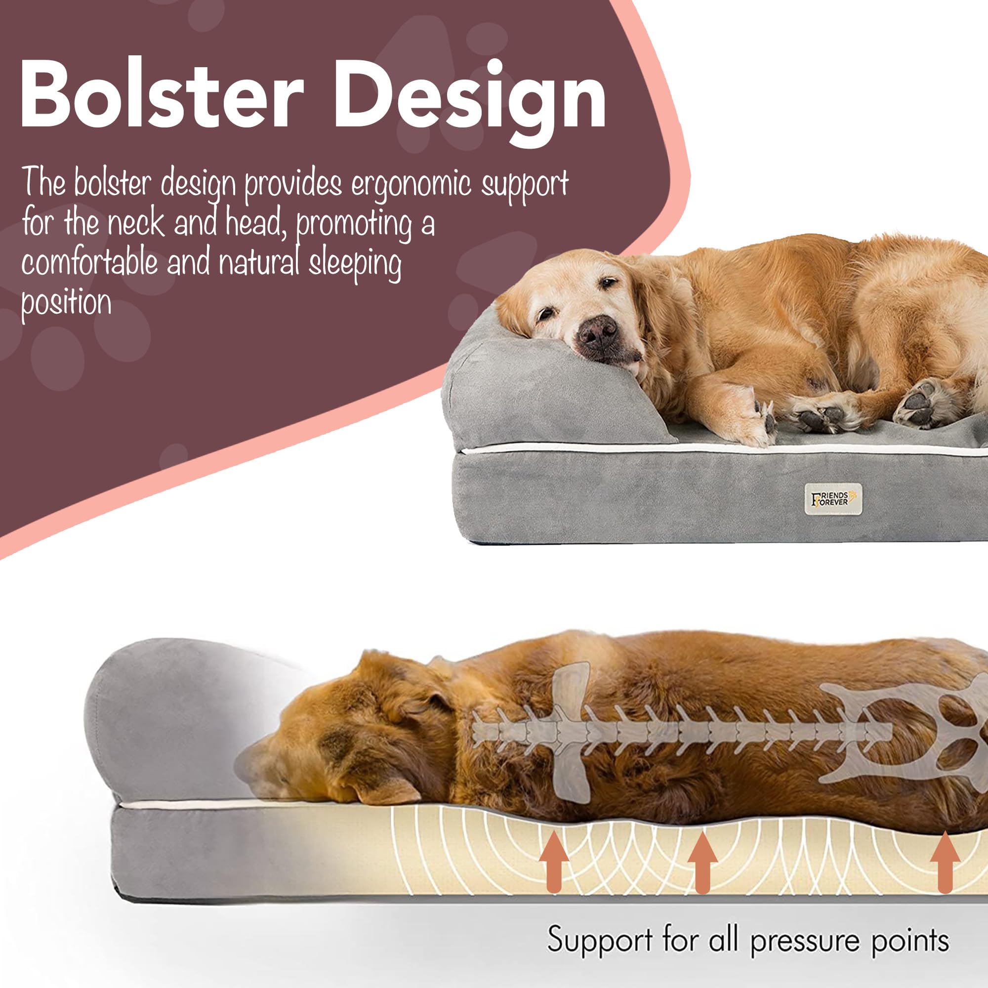 Friends Forever XX-Large Dog Bed, Orthopedic Dog Sofa Memory Foam Mattress, Calming Dog Couch Bed, Wall Rim Pillow, Water Resist