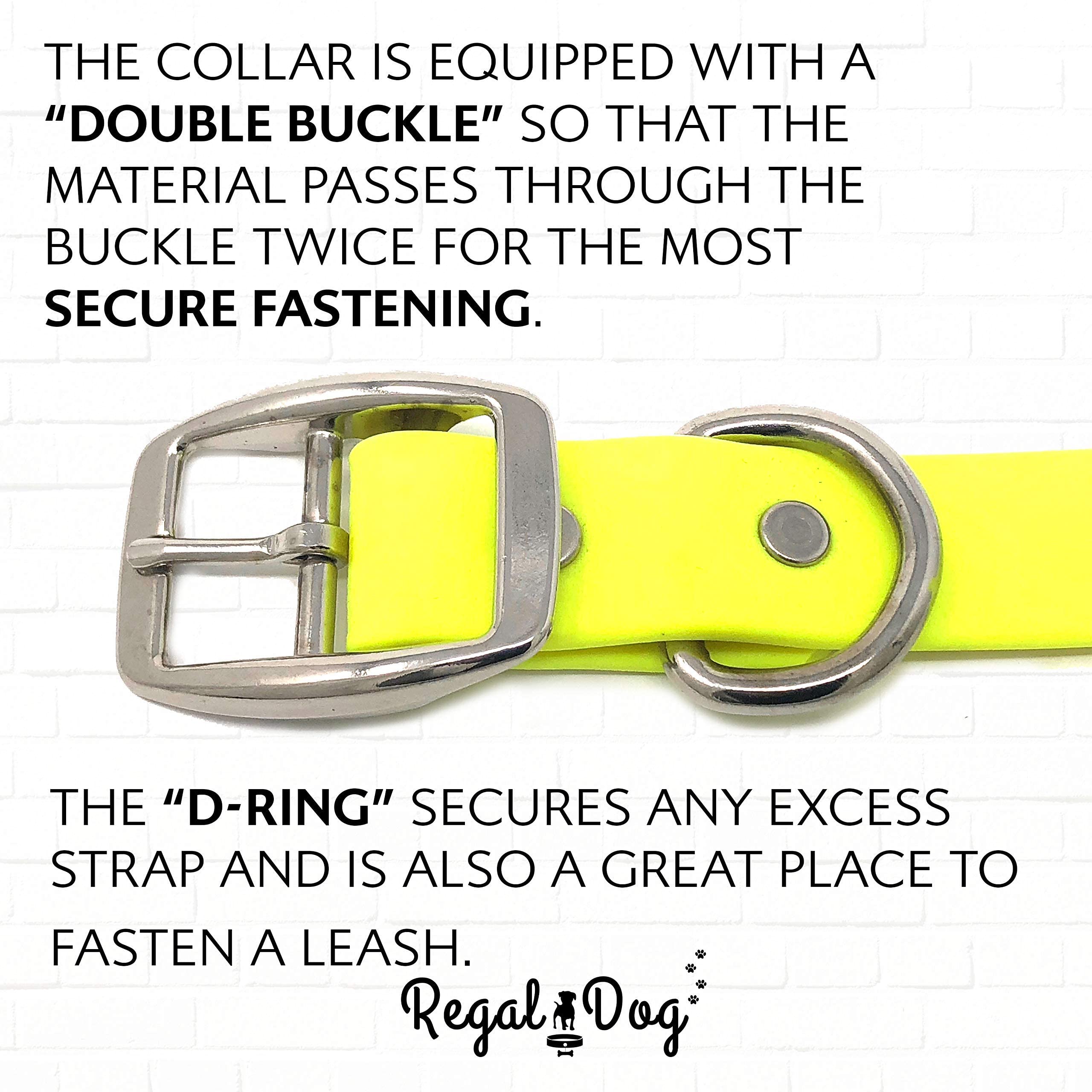 Regal Dog Products Large Yellow Dog Collar With Heavy Duty Double Buckle & D Ring | Vinyl Coated, Custom Fit, Adjustable Biothane Dog Collar | Chew Resistant Waterproof Center-Ring Collar For Dogs