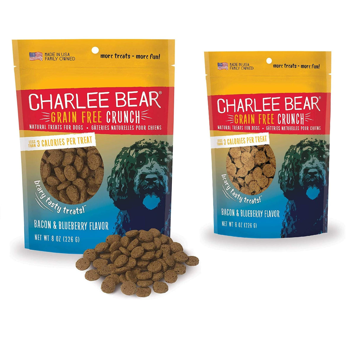 Charlee Bear Dog Treats Small Dogs Training Treats, Crunchy Low Calorie Grain Free Dog Treats, Usa Made, Best For Small-Medium Breeds, Great Puppy Training Treats, Bacon & Blueberry 2 Pack, 8Oz Each