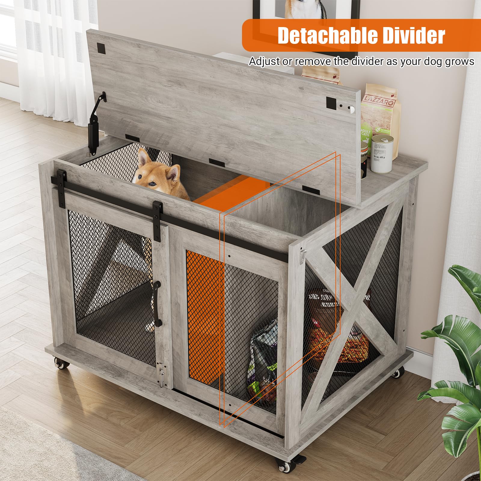 Idealhouse 37'Dog Cage, Farmhouse Dog Crate Furniture With Sliding Barn Door, Flip Top Wooden Dog Kennel End Table With Wheels