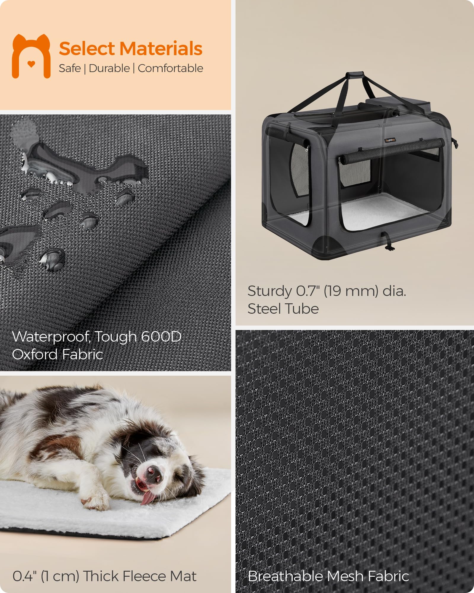 Feandrea 36 Inches Collapsible Soft Dog Crate, Portable Travel Dog Crate for Indoor and Outdoor Use, Dog Carrier Kennel with Saf