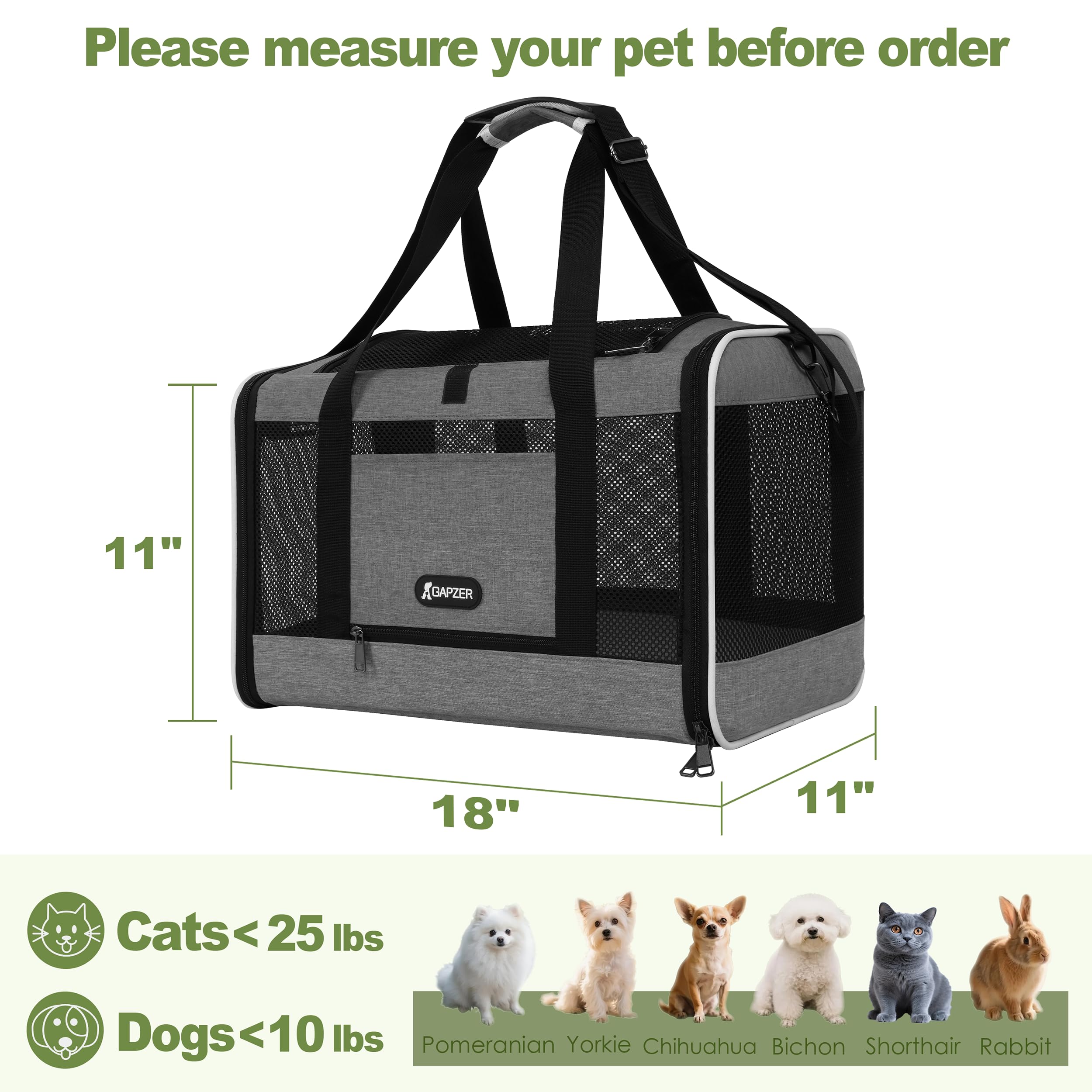 GAPZER Cat Carrier - Collapsible Soft Pet Travel Bag, Grey, Medium, Fits Cats Under 25 lbs, Ideal for Small Dogs and Rabbits