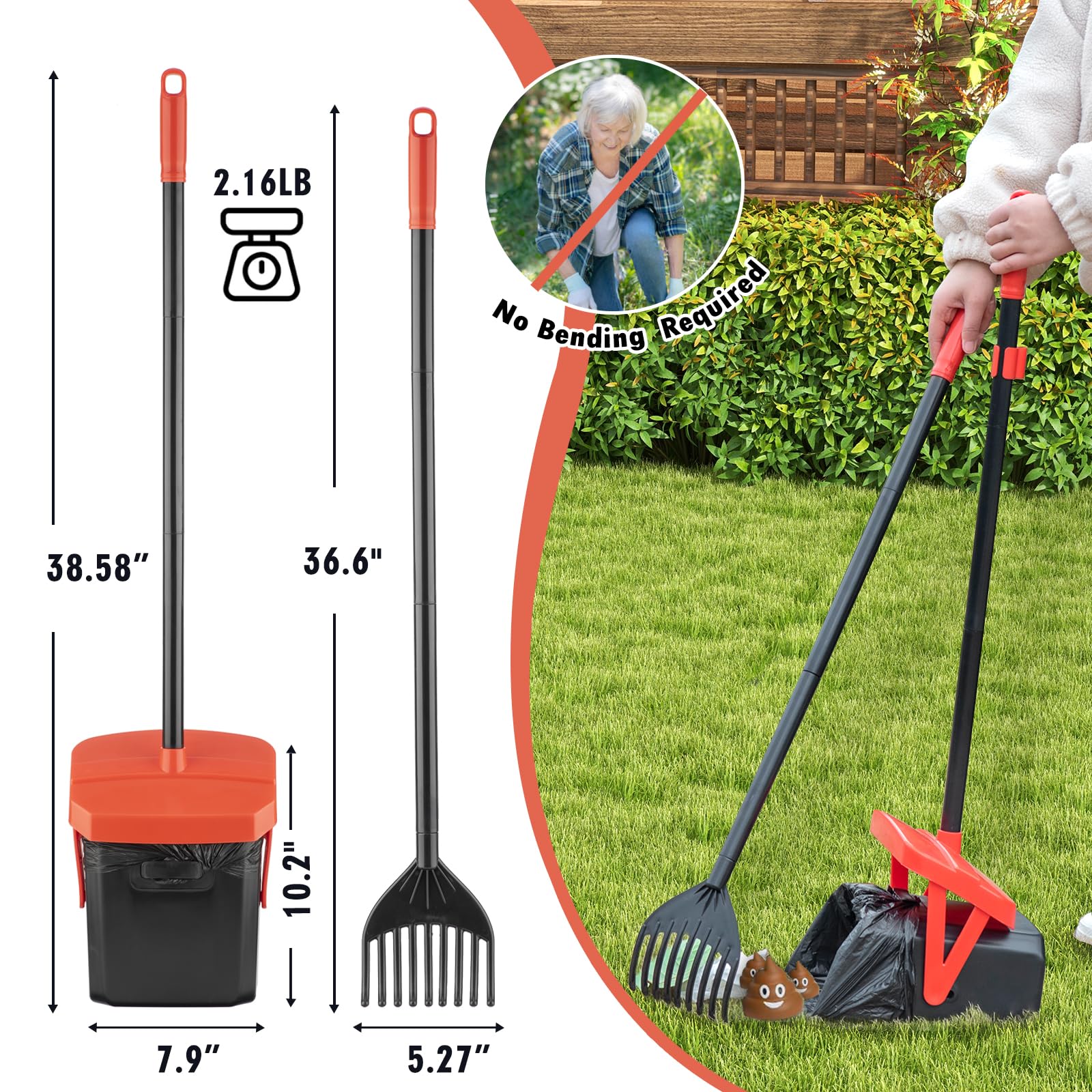 Timingila 36'' Pooper Scooper Swivel Bin & Rake With 100 Dog Poop Bags,Adjustable Long Handle For No-Bend Cleanup,Portable Non-B