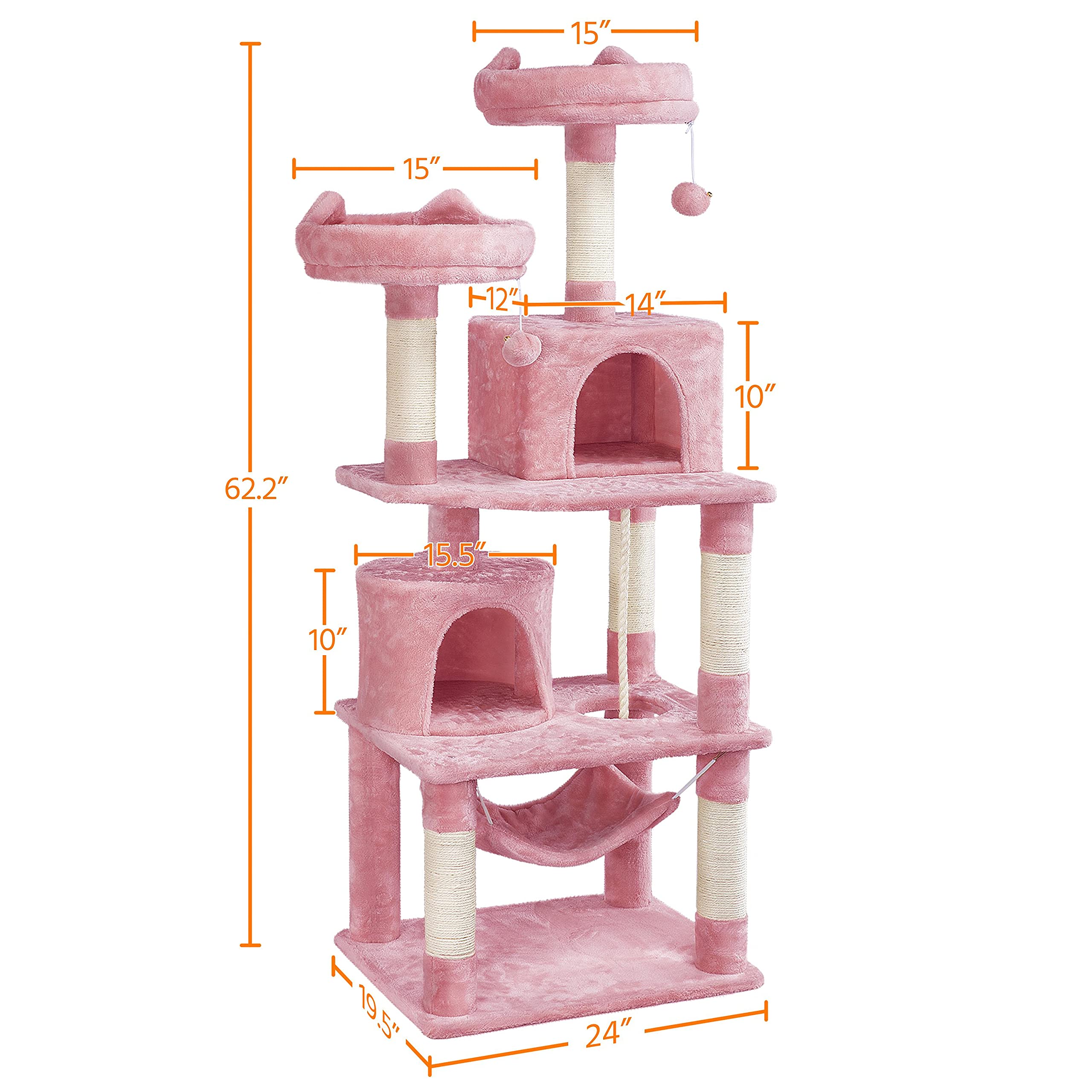 Topeakmart 62.2 Inches Cat Tree, Cat Tower W/Double Condos, Scratching Posts & Hammock, Cat Activity Tree Kitten Play House, Pin